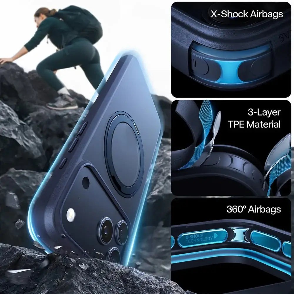 Funda azul para teléfono con airbags y escaladora al fondo.