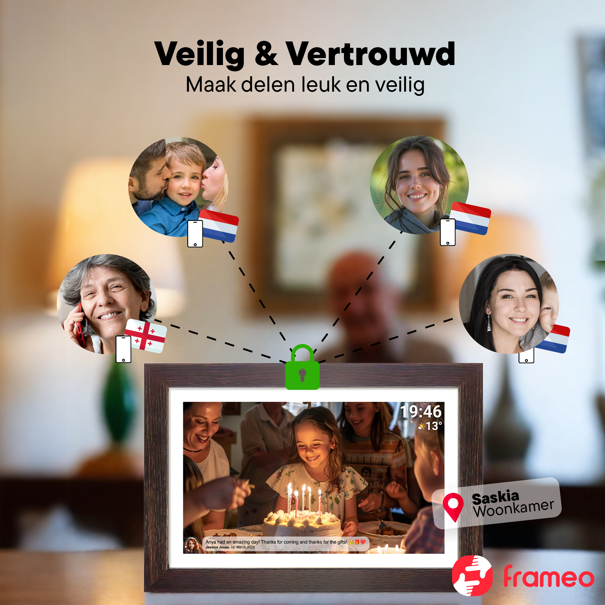 Digital photo frame showing family & friends, with national flags and a lock icon.
