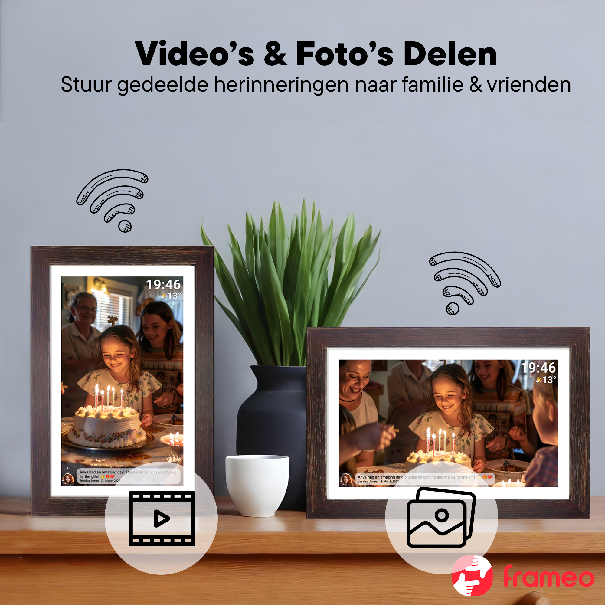 Two digital photo frames show children's birthdays, with Wi-Fi symbols.