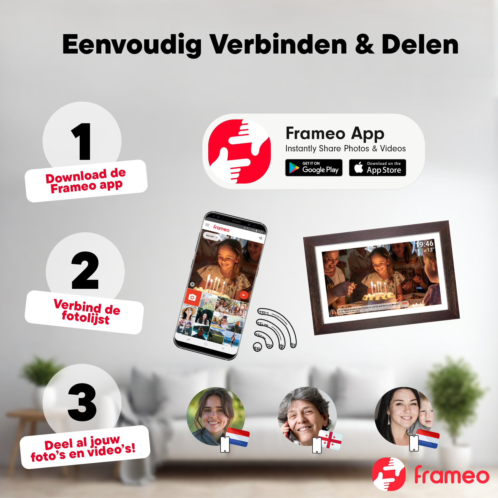 Instructions: Download app, connect photo frame, share photos/videos.