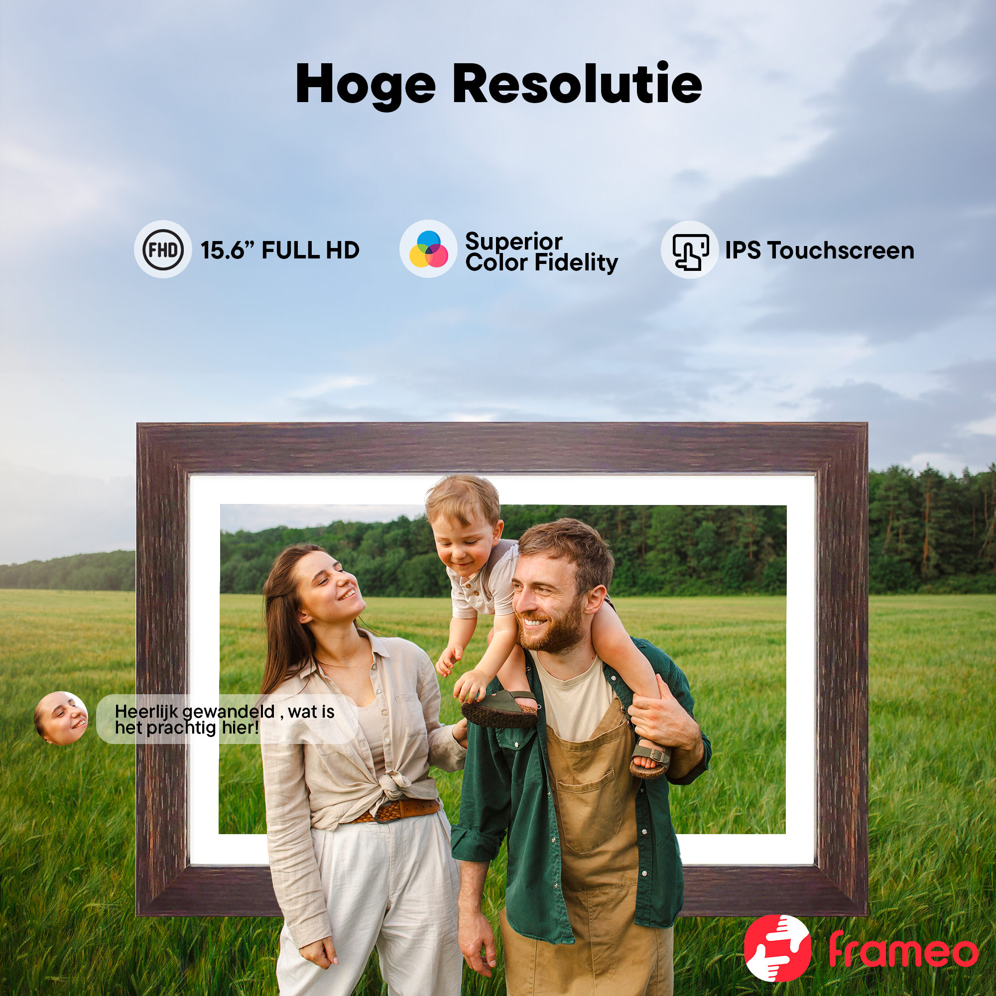 Family in grass before a digital photo frame with text "High Resolution".