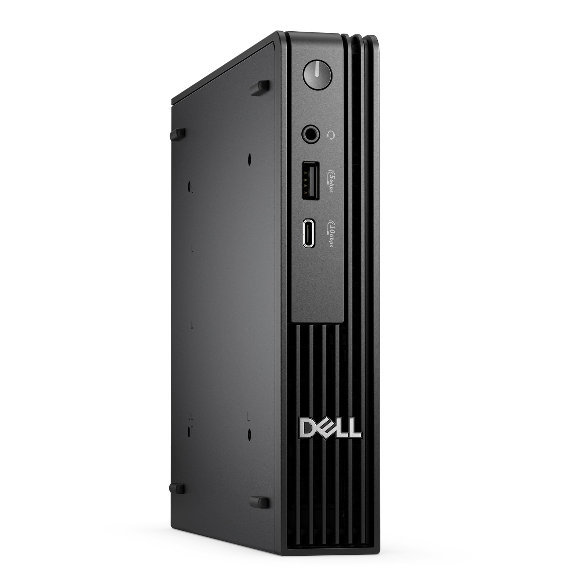 USB, ses bağlantı noktaları ve güç düğmesi olan siyah Dell mini PC.