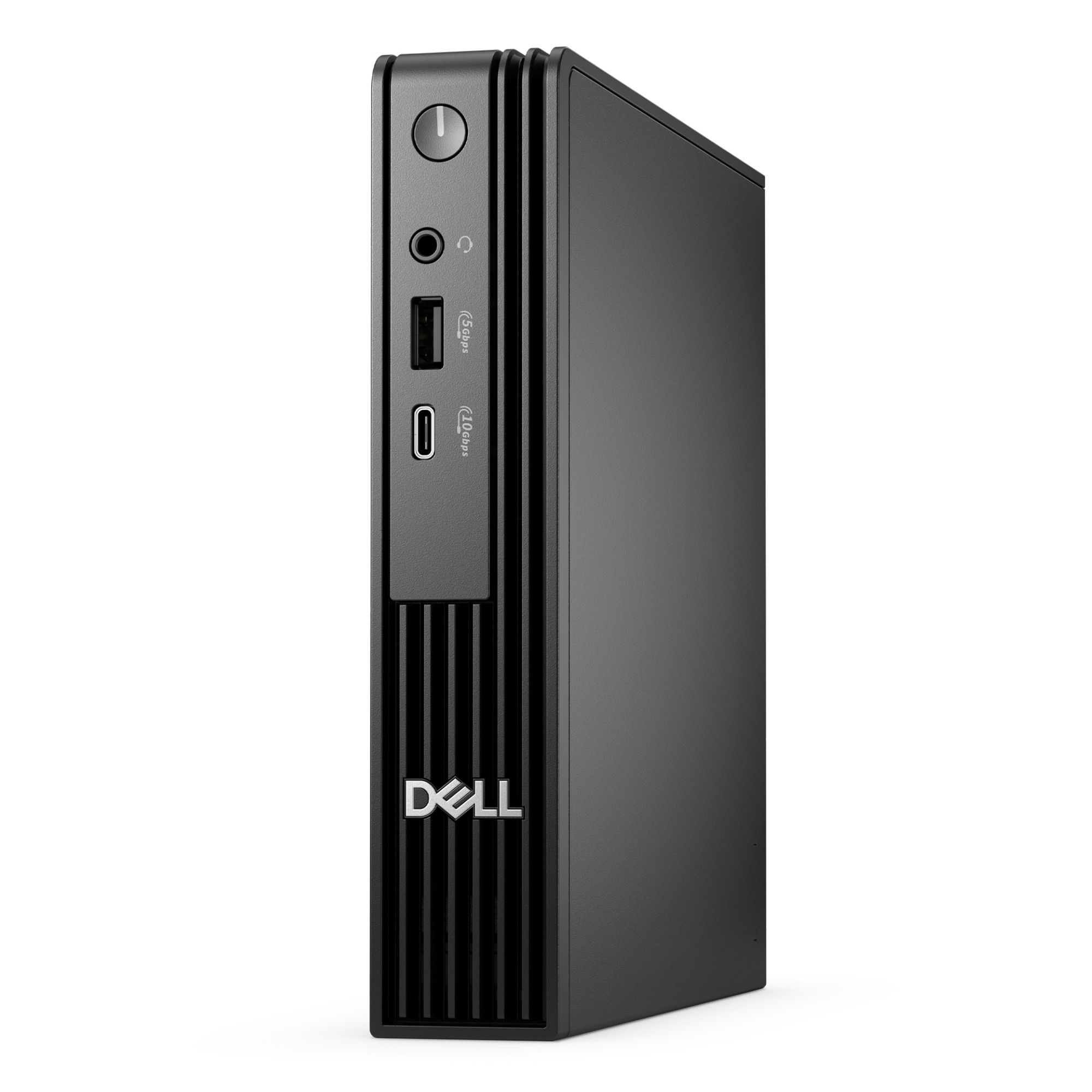 Portlar ve Dell logosu bulunan ince, siyah bir Dell masaüstü bilgisayar.