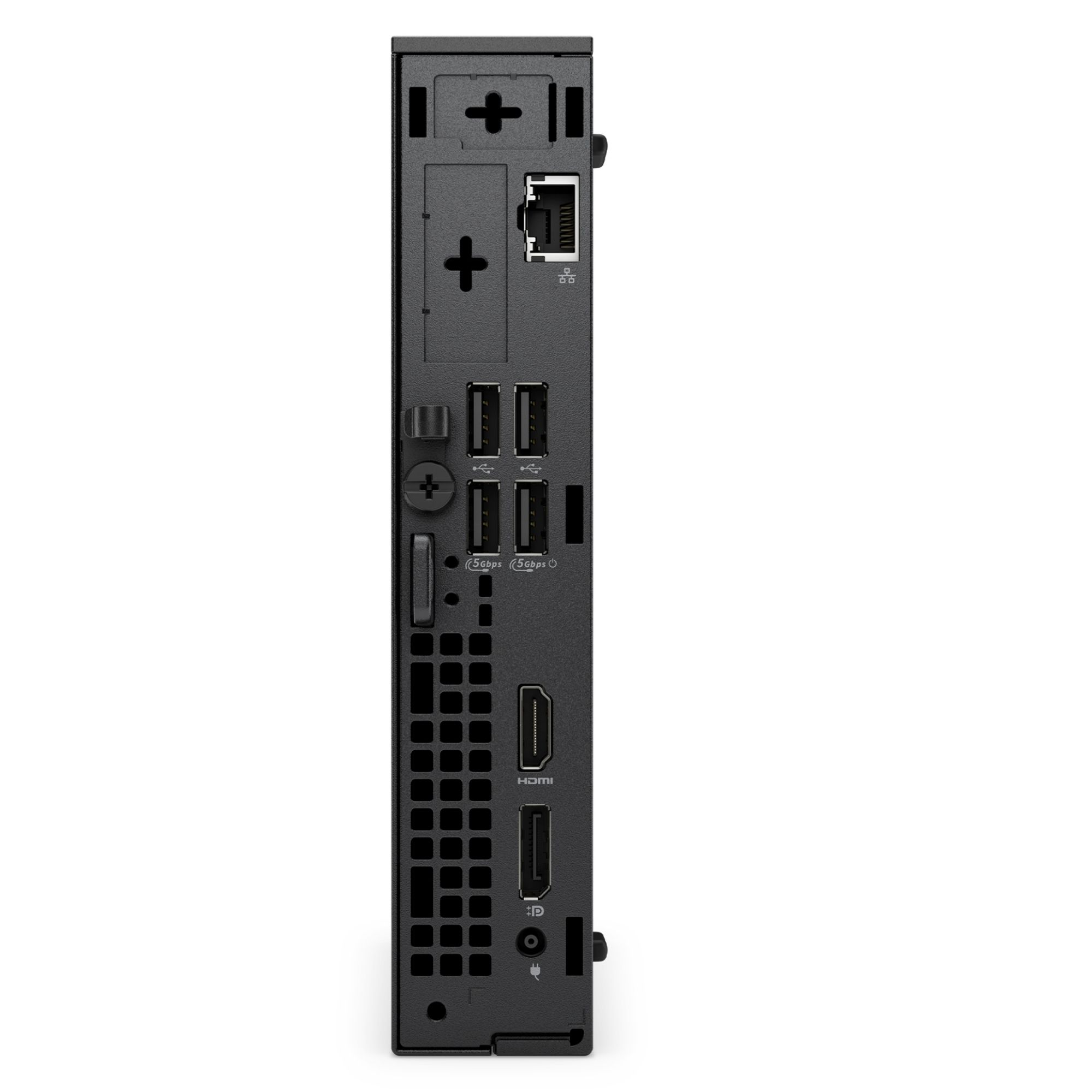 Siyah mini PC'nin arkası: Ethernet, USB, HDMI, güç bağlantı noktaları.