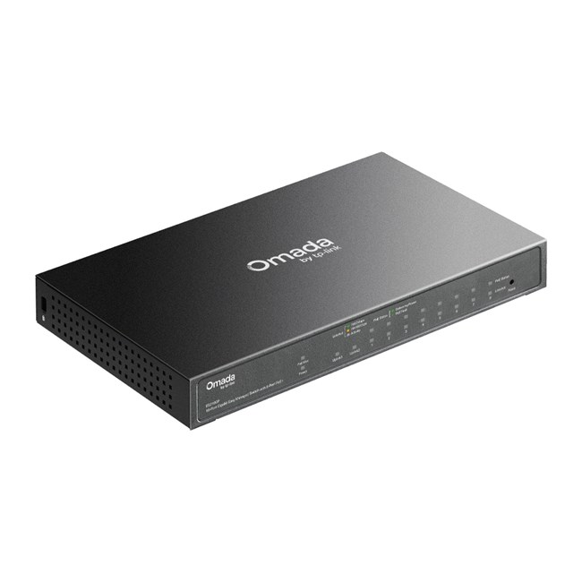Ein schwarzer Netzwerk-Switch mit Omada-Logo und vielen Ports auf der Vorderseite.