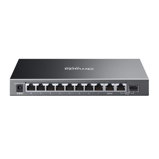 Ein grauer Netzwerk-Switch mit 8 Ports, beschriftet 1-8, und zwei Uplink-Ports.