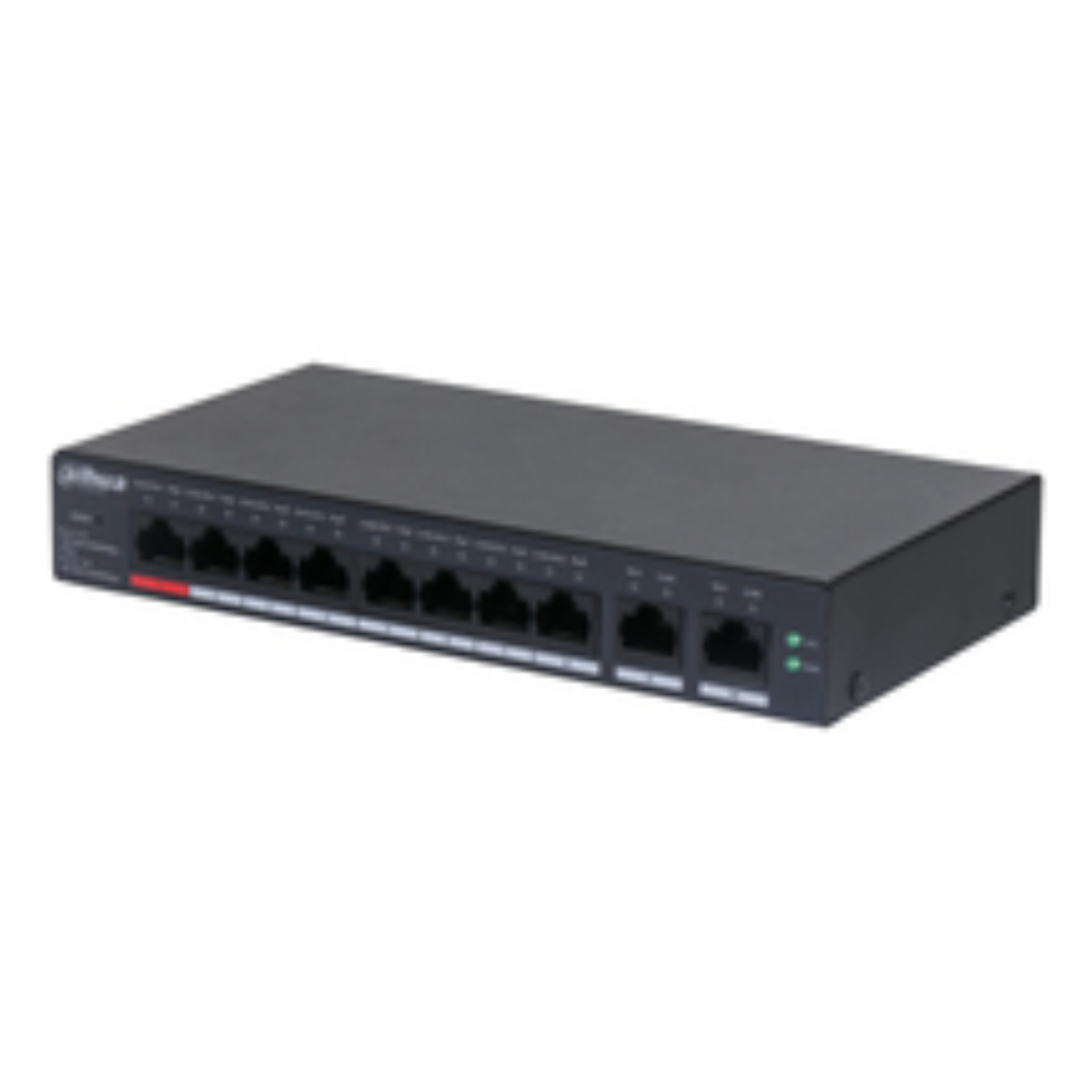 Birden fazla Ethernet portu ve gösterge ışıkları olan siyah bir ağ anahtarı.
