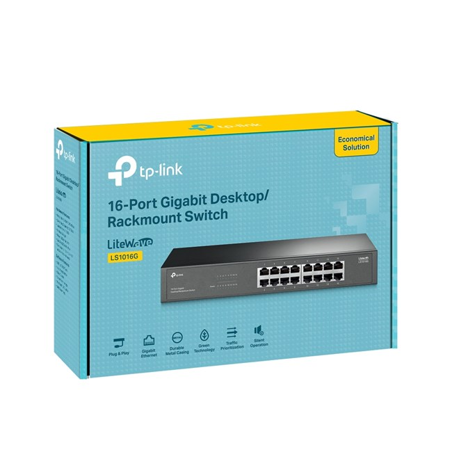 TP-Link LS1016G 16 Port Gigabit Masaüstü/Rack Tipi Anahtar, turkuaz kutuda.