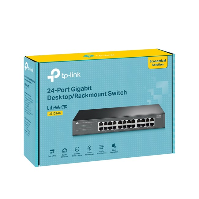 TP-Link 24 Port Gigabit Anahtar, turkuaz ambalaj üzerinde, gümüş cihaz ile.