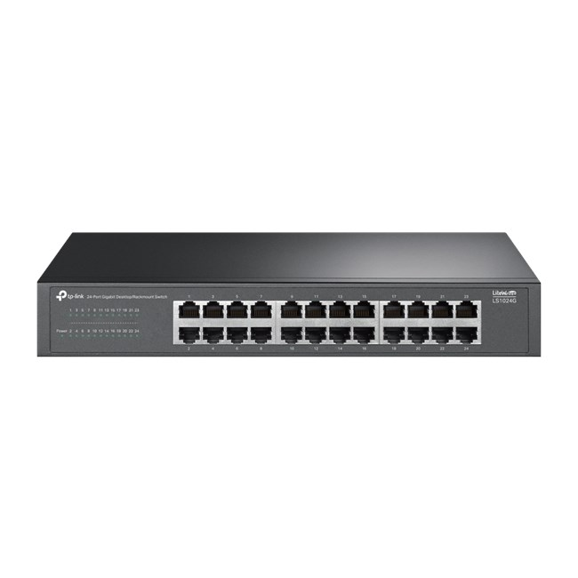 LED göstergeli siyah TP-Link 24 portlu Gigabit masaüstü/rack tipi anahtar.