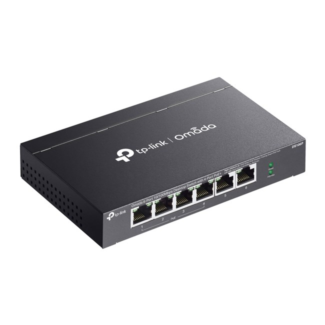 PoE+ portlu ve LED'li siyah TP-Link Omada 6 portlu masaüstü anahtar.