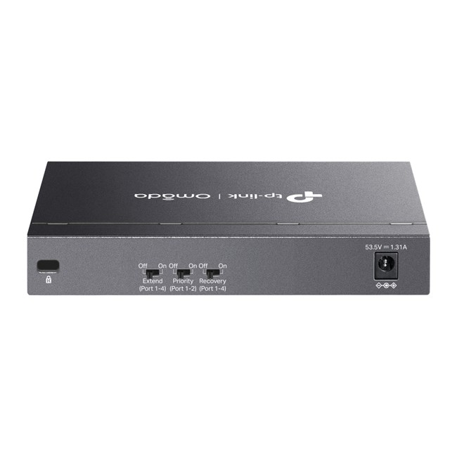 Anahtar ve güç girişli gri bir TP-Link Omada cihazı.