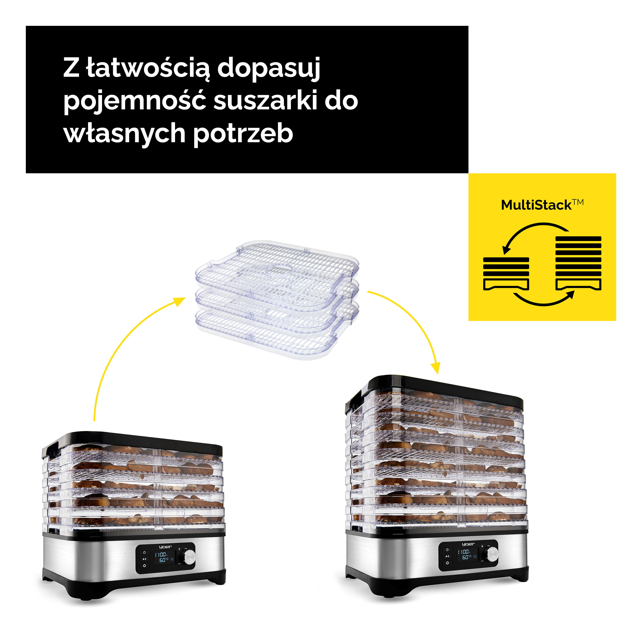 Dwa dehydratory spożywcze z przezroczystymi warstwami i symbolem tac do układania.