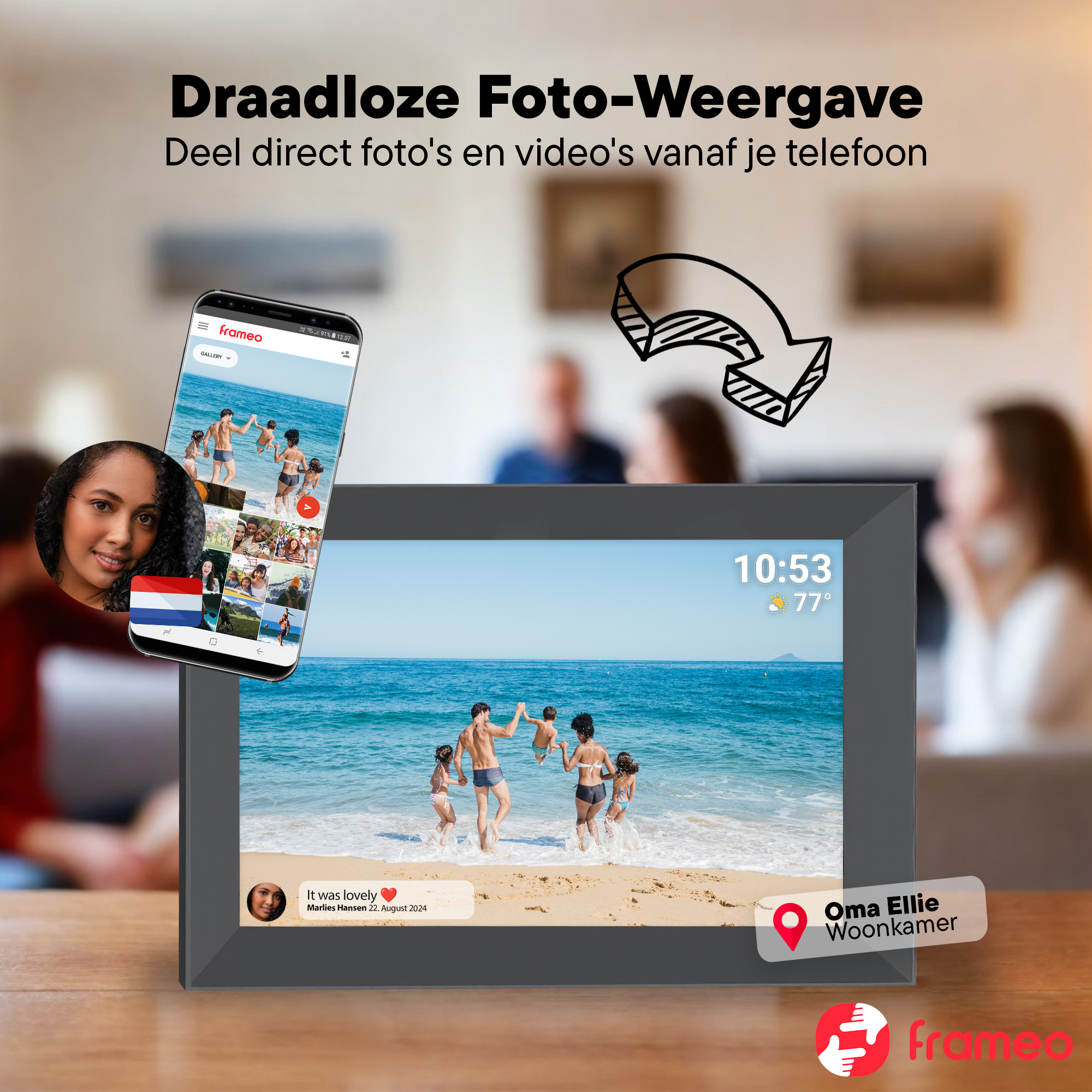Ein Smartphone zeigt eine Familie am Strand, ein digitaler Bilderrahmen zeigt die gleiche Szene.