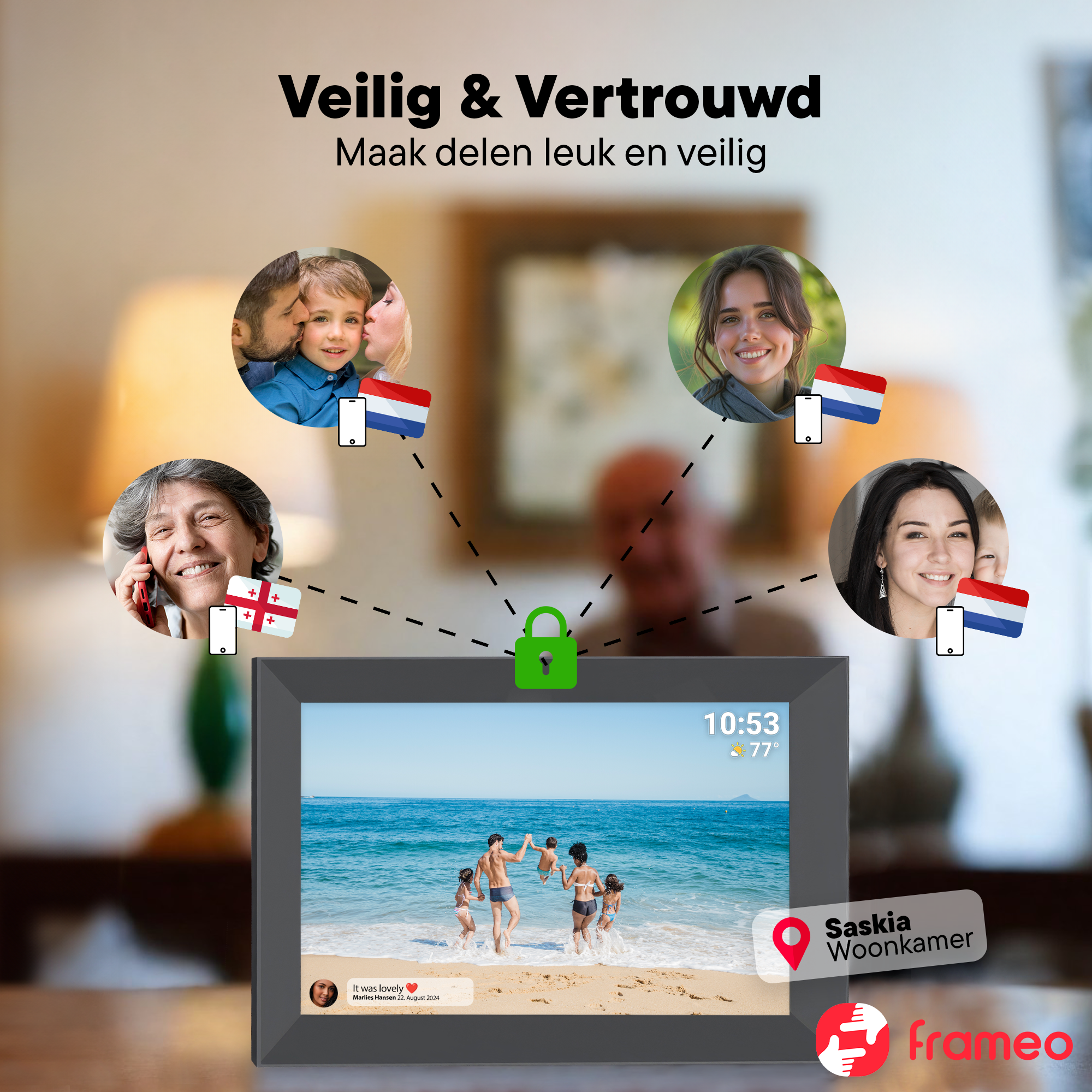 Digitaler Bilderrahmen zeigt Strandfoto, Familie am Meer. Oben: Porträts, Flaggen, Schloss.