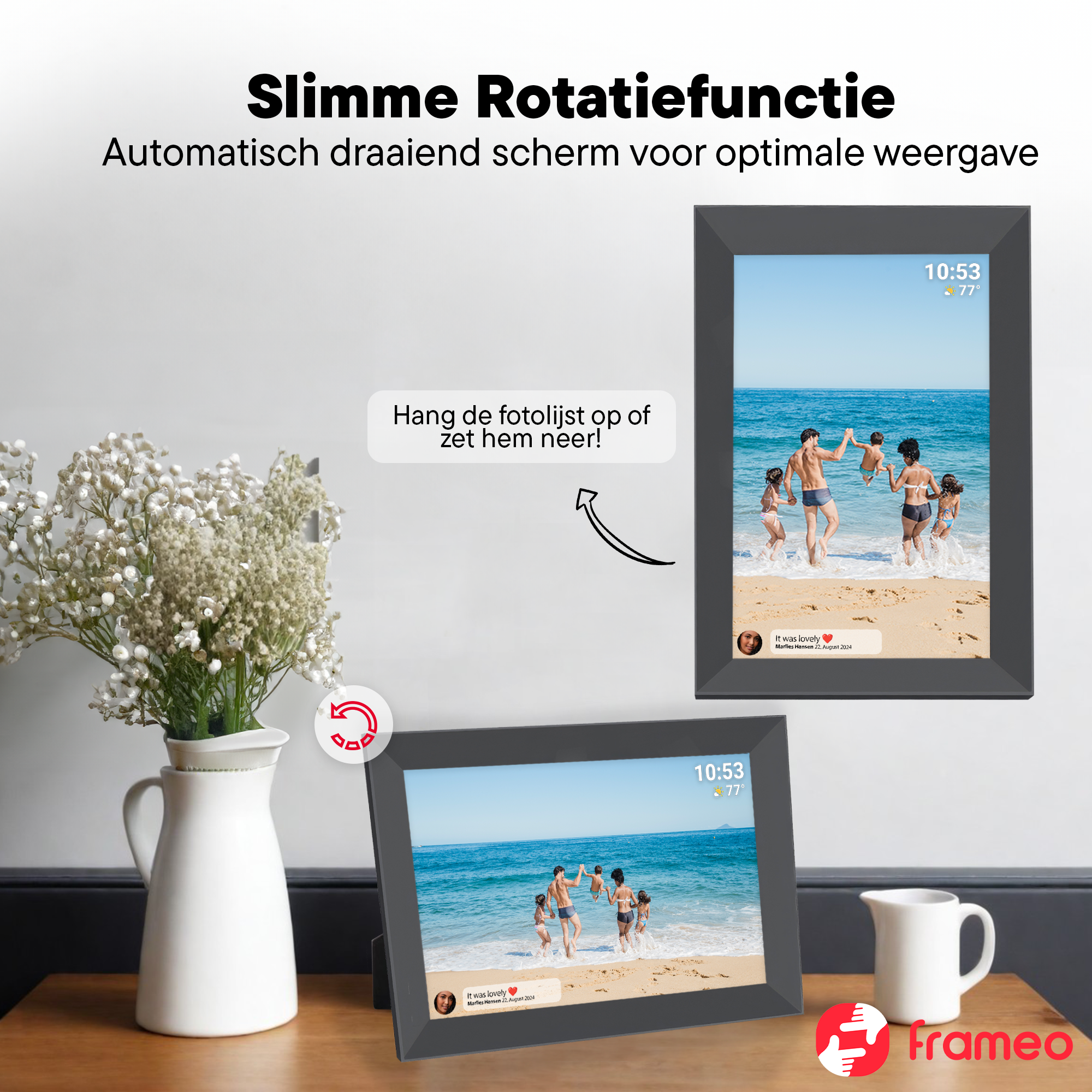 Ein Fotorahmen zeigt eine Familie am Strand, mit Wetter- und Zeitangaben.