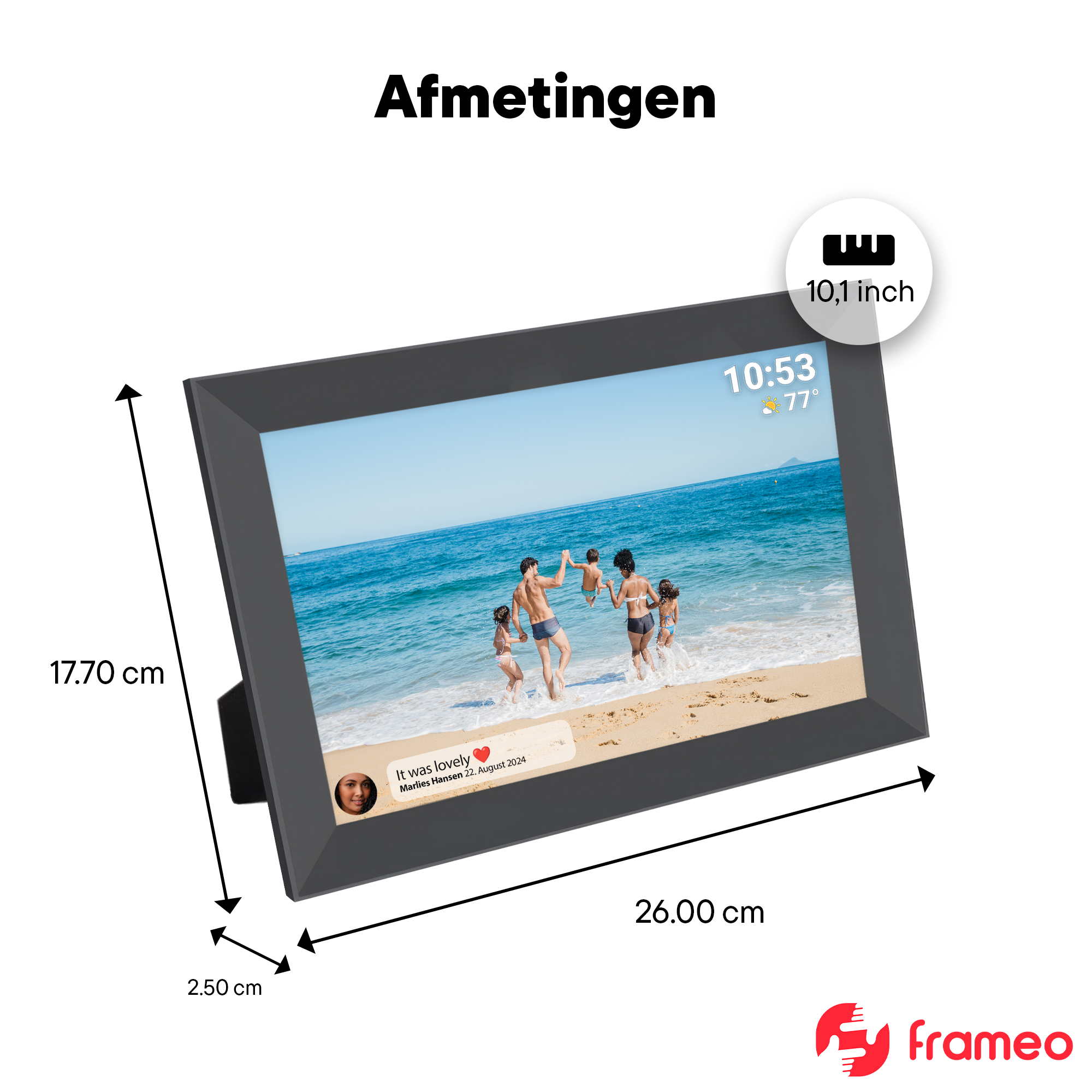 Digitaler Fotorahmen mit 10,1 Zoll Bildschirm zeigt Familie am Strand.