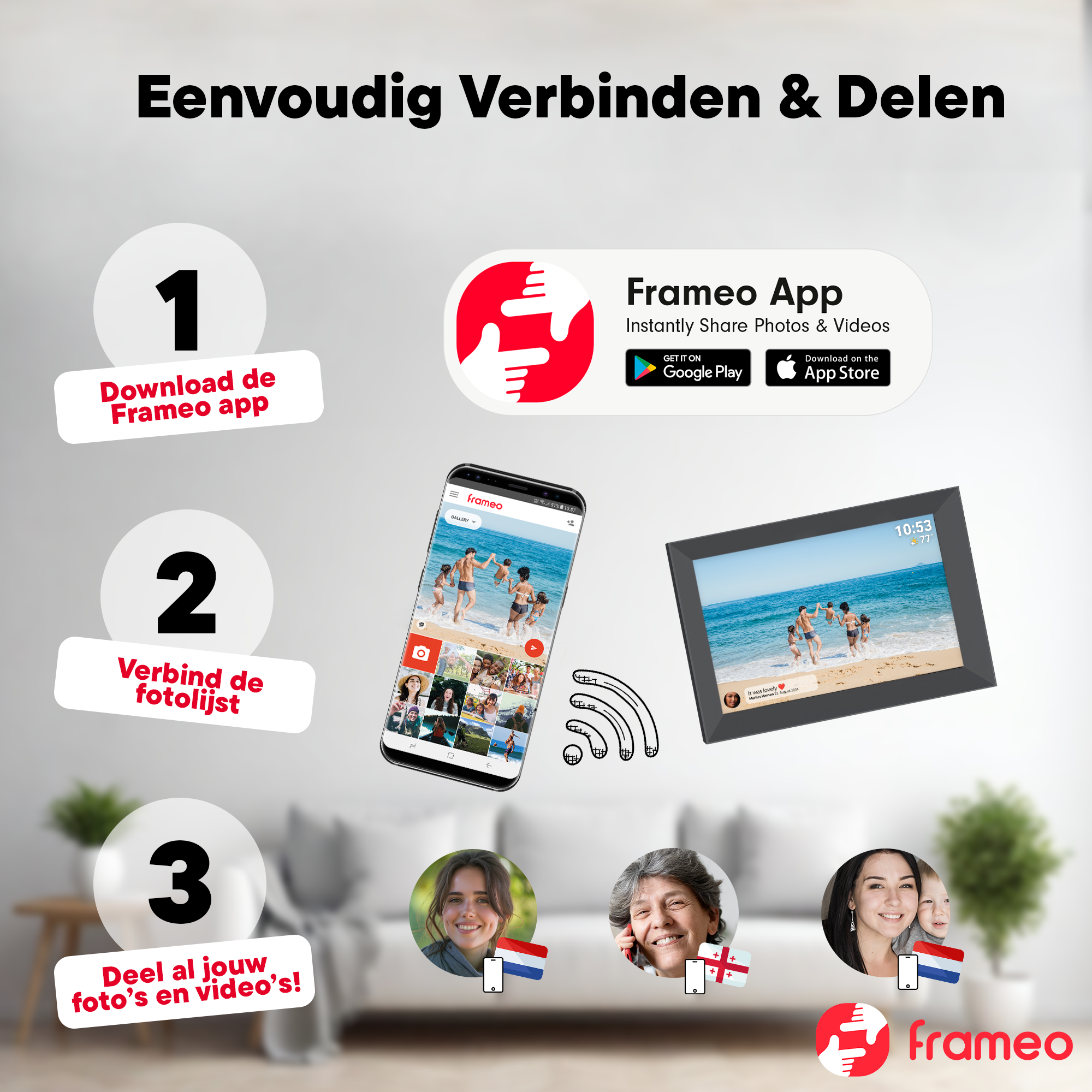 Anleitung: App herunterladen, Fotorahmen verbinden, Fotos/Videos teilen.