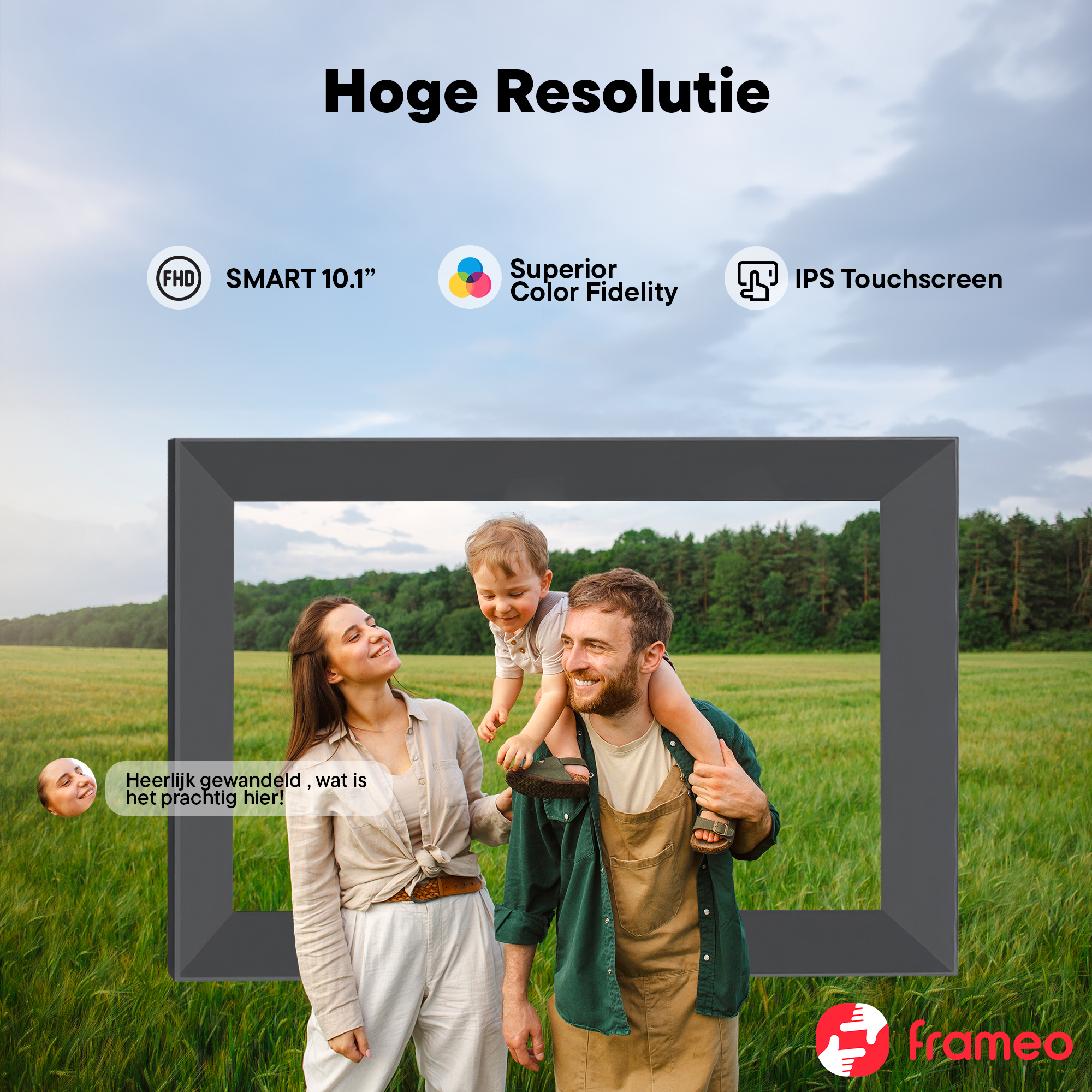 Family in a field, in front of a digital frame with text about high resolution.