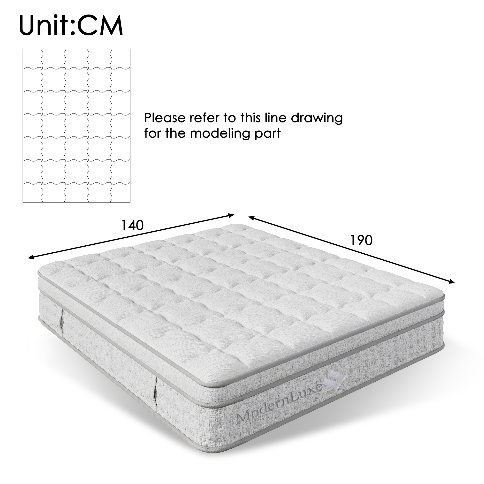 Ein weißes Bett mit Maßen 140x190 cm und einem Muster.