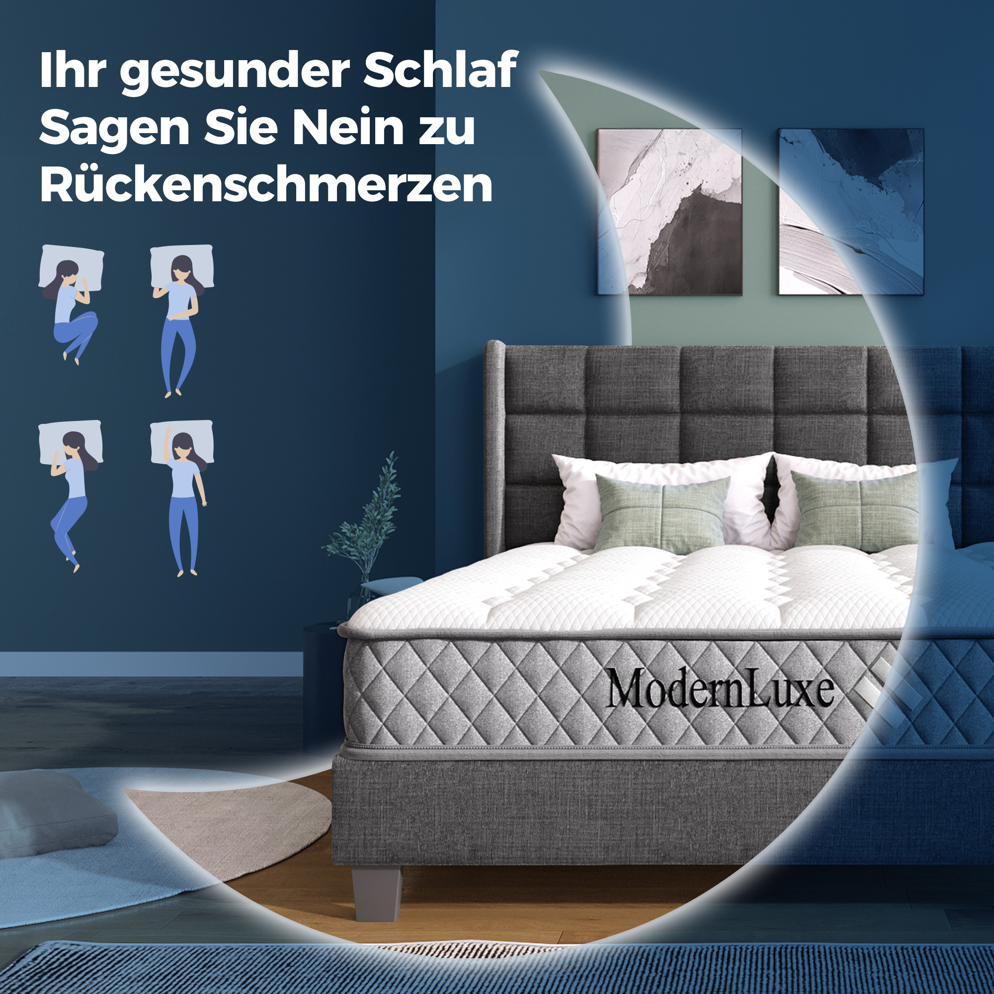 Ein Bett mit Matratze und Kissen in einem Raum mit Wandkunst und Schlafpositionen.