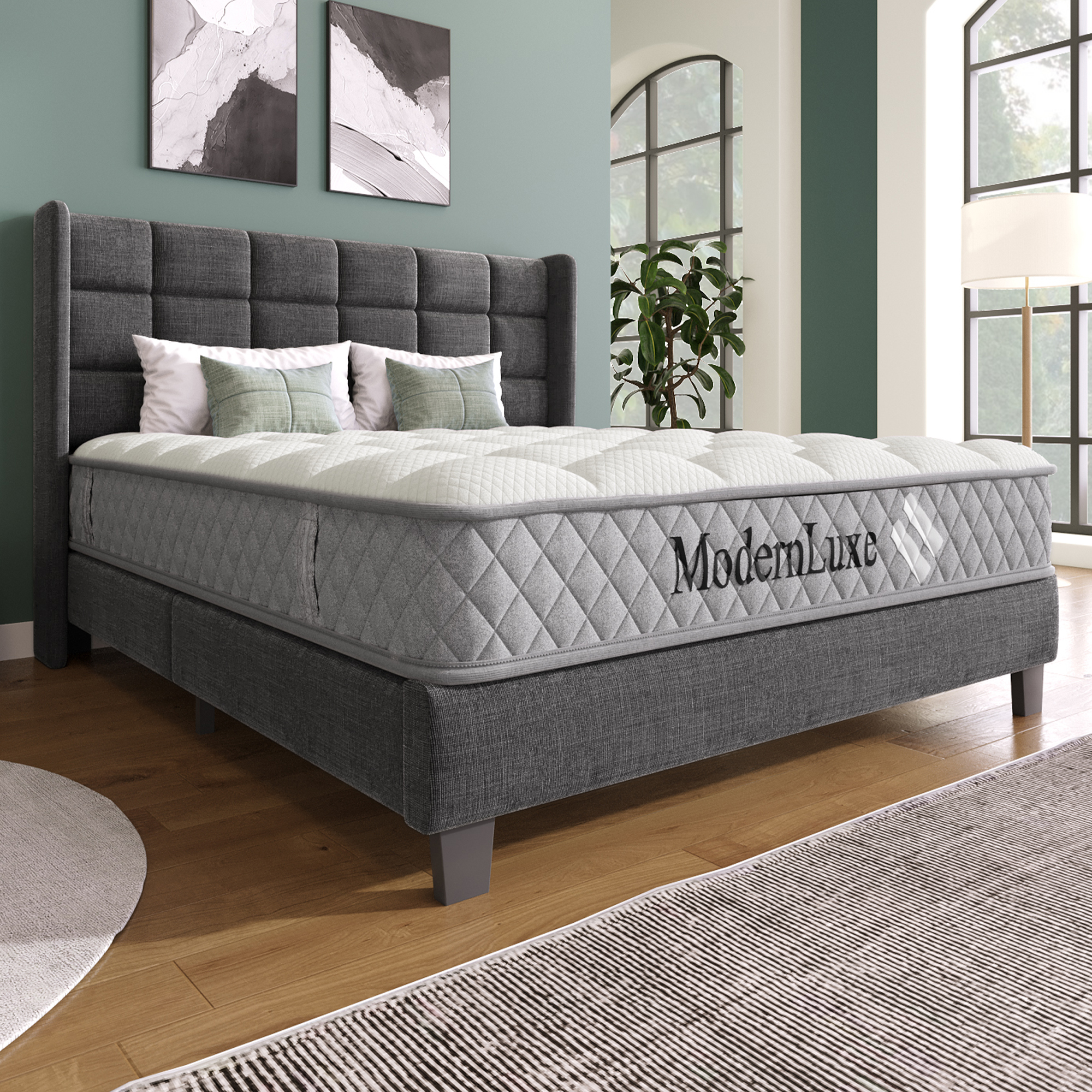 Ein modernes Schlafzimmer mit einem dunklen Stoffbett, einem hochwertigen Matratzen und Wandkunst.