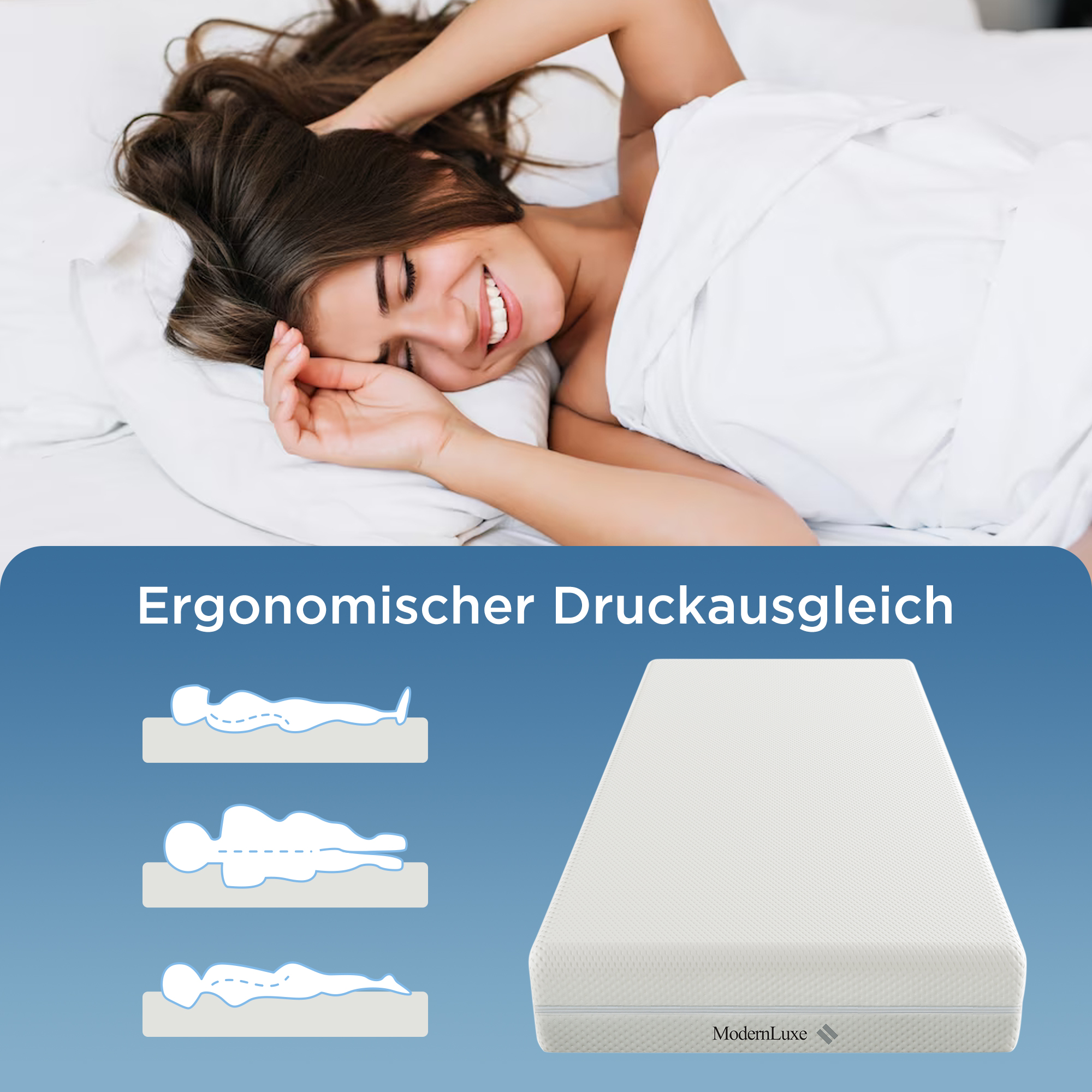 Frau schläft auf weißem Bett, daneben eine Matratze und Körperkonturen.