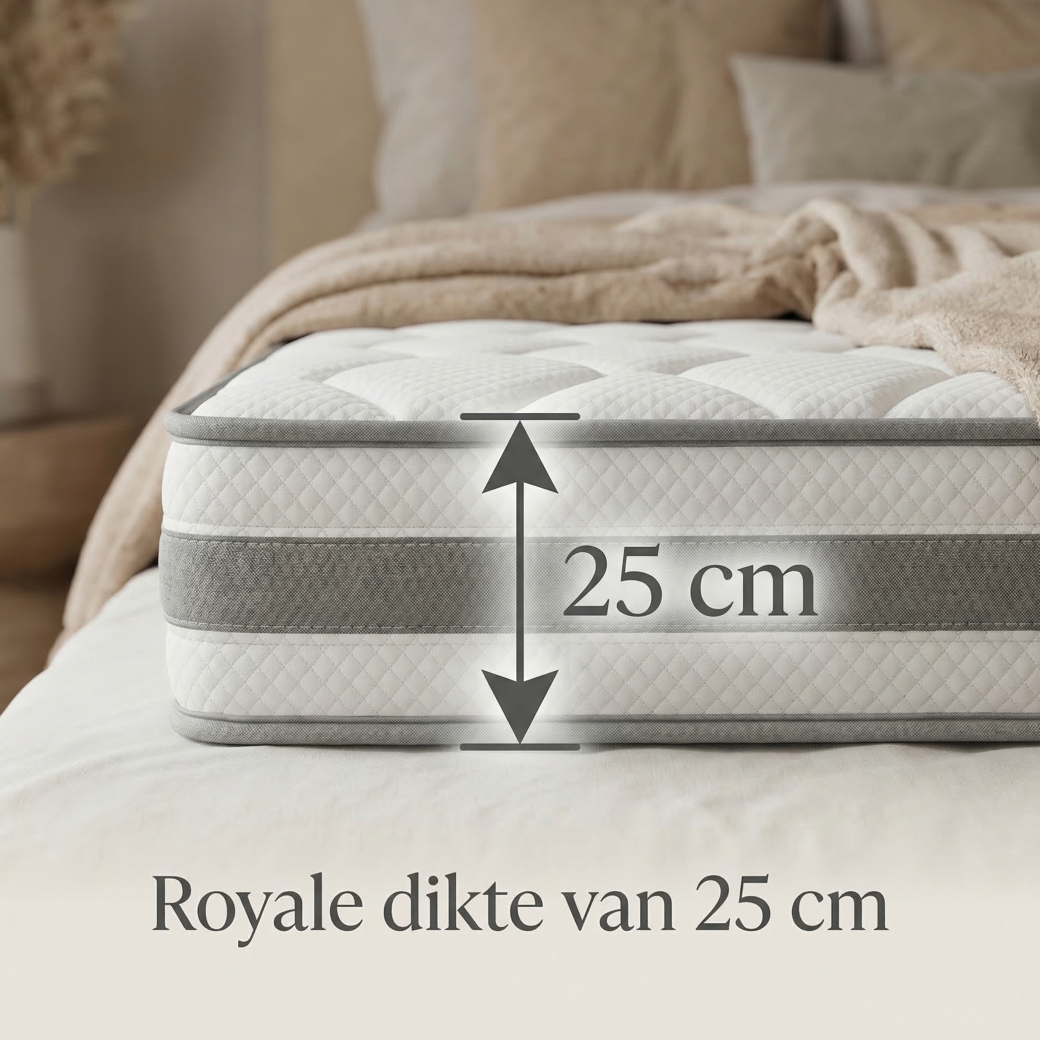 Eine Matratze mit 25 cm Dicke und einem grauen Streifen.