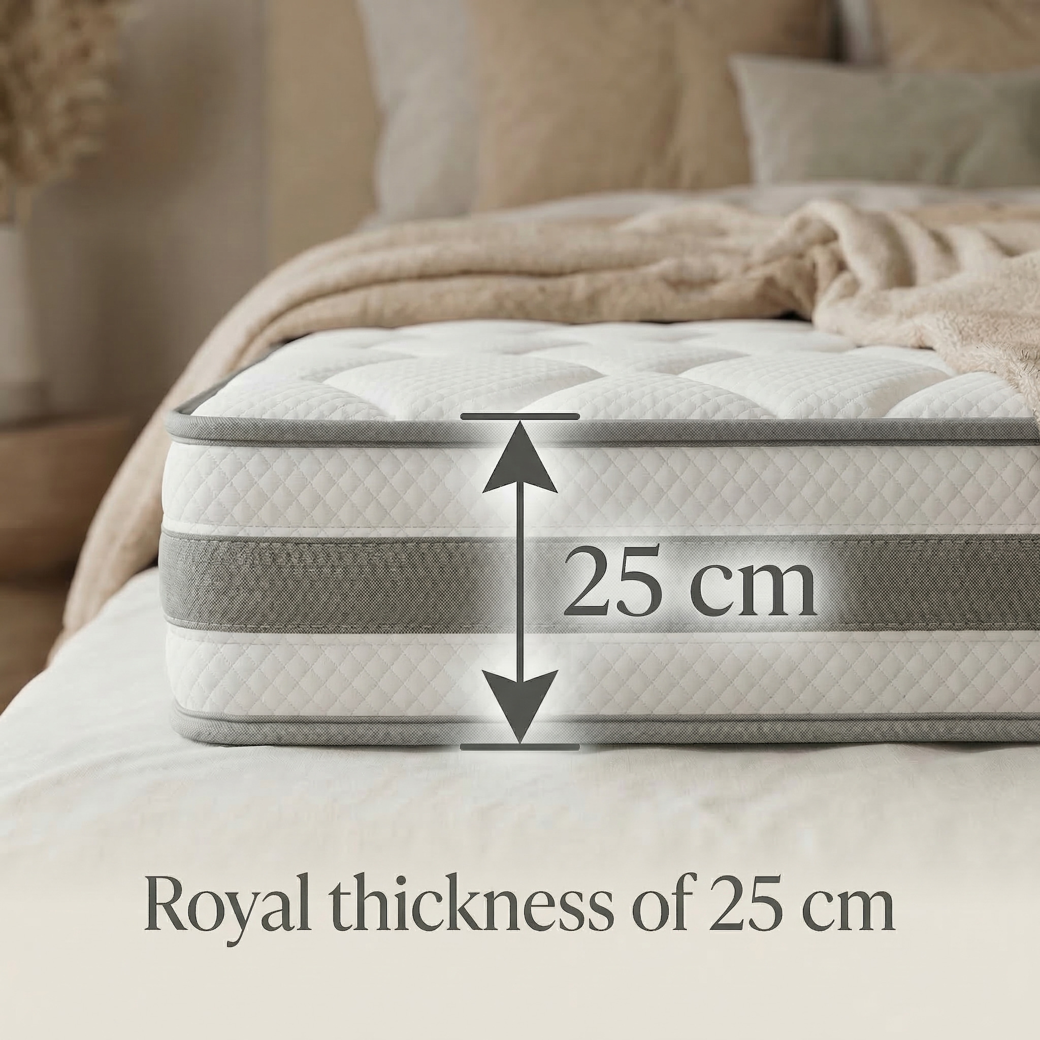 Eine dicke Matratze mit 25 cm Höhe, auf einem Bett mit Decken.