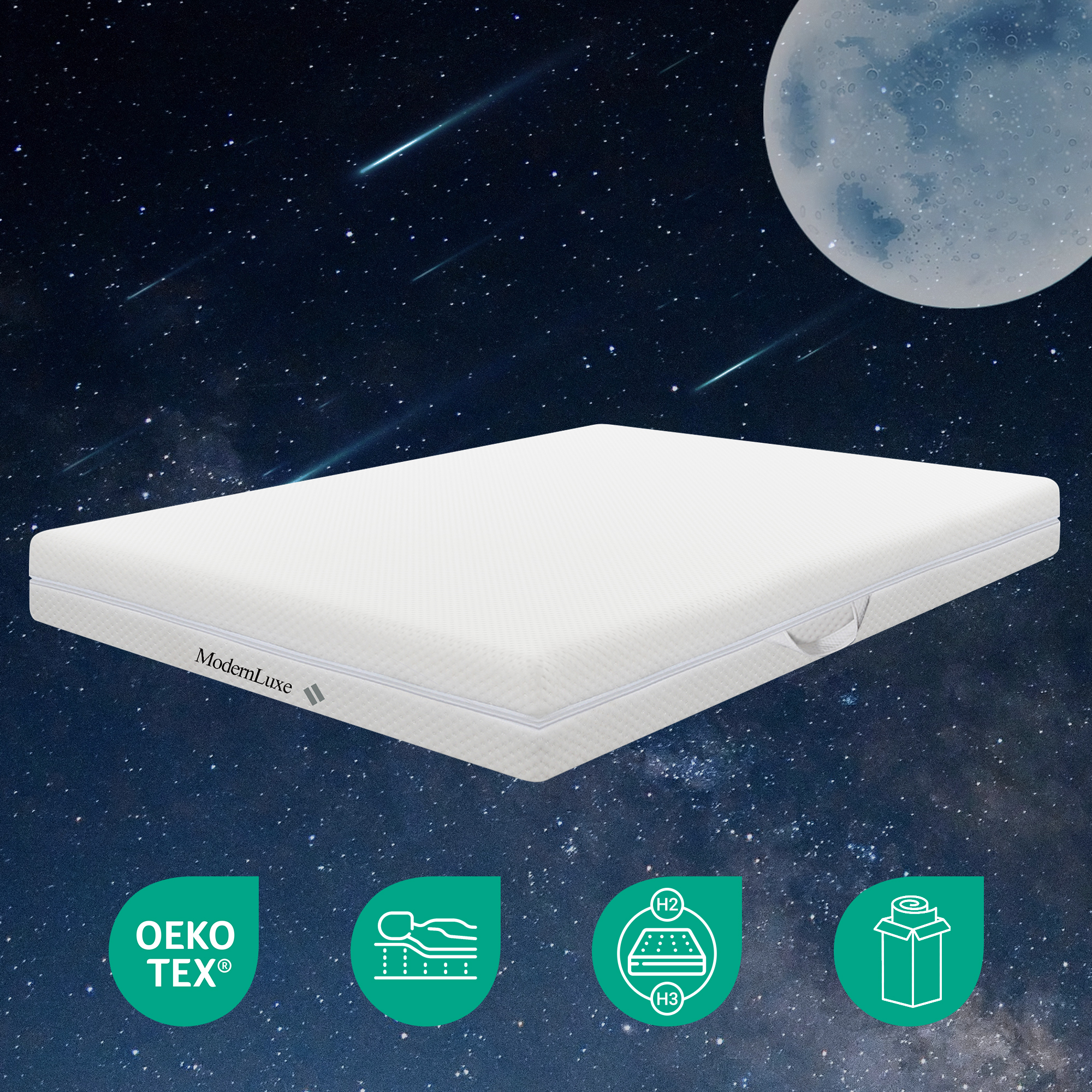 Ein weißes Matratzen-Mockup mit Sternenhimmel, Mond und Sternschnuppen.