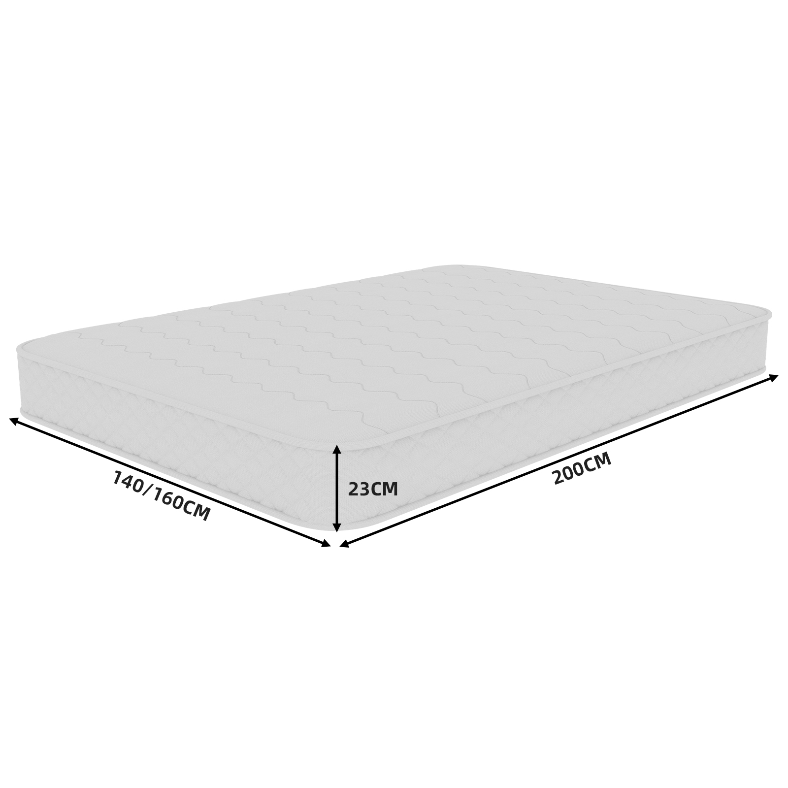 Ein weißer Matratze mit Maßen 140/160CM x 200CM und 23CM Höhe.