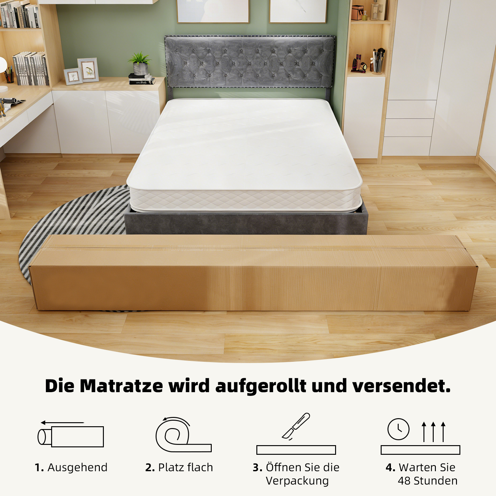 Eine Matratze ist in einem Schlafzimmer auf einem Bett mit einem grauen Kopfteil.