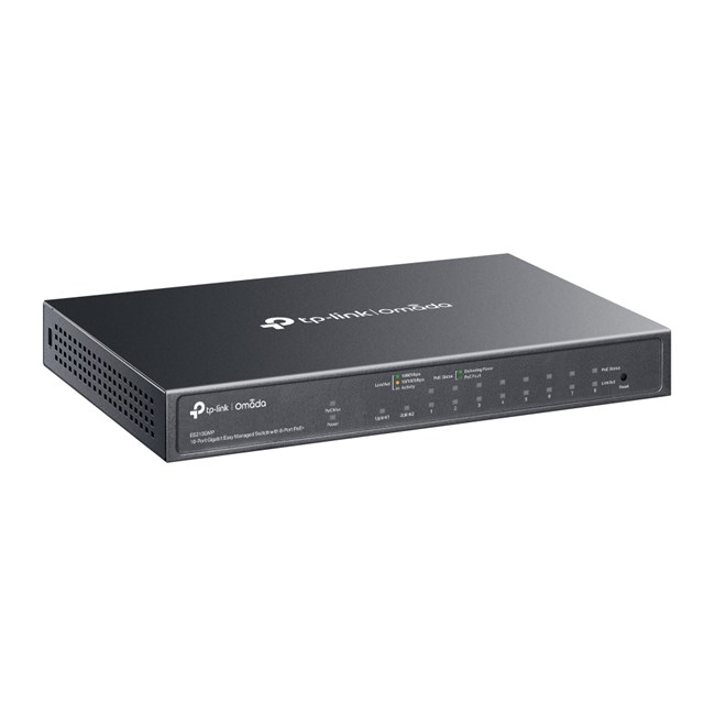 A black TP-Link Omada 8-port network switch with status LEDs.