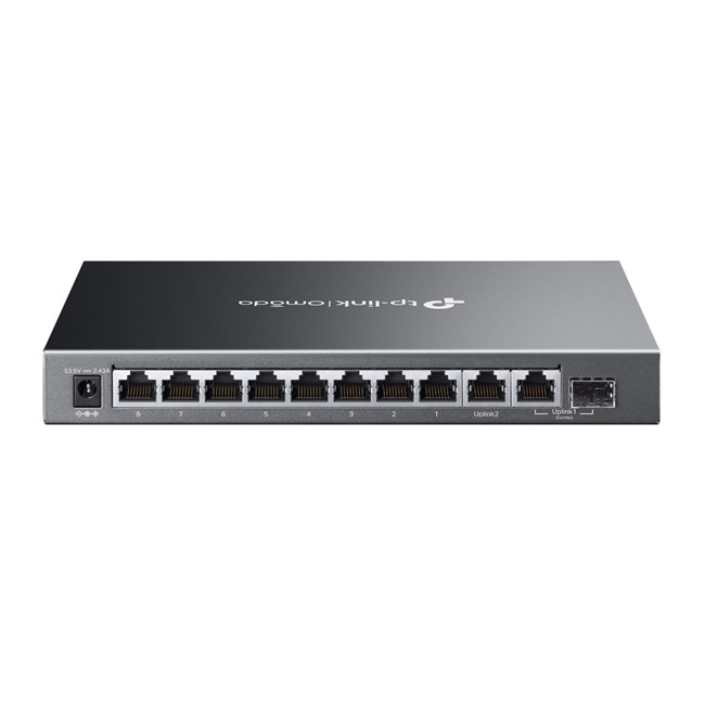 A sleek, gray network device featuring 8 Ethernet ports and 2 uplink ports.