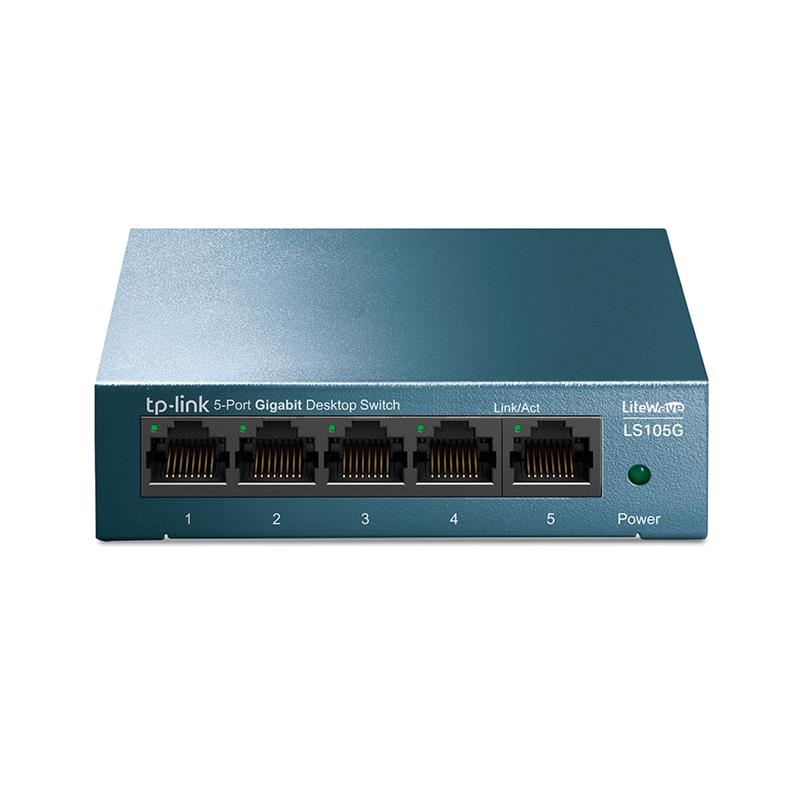 Numaralı bağlantı noktalarına sahip mavi bir TP-Link 5 Port Gigabit Masaüstü Anahtar.
