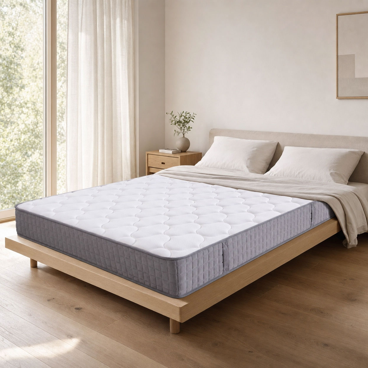 Ein weißes Bett mit Matratze steht auf einem Holzboden. Daneben ein Nachttisch und ein Fenster.