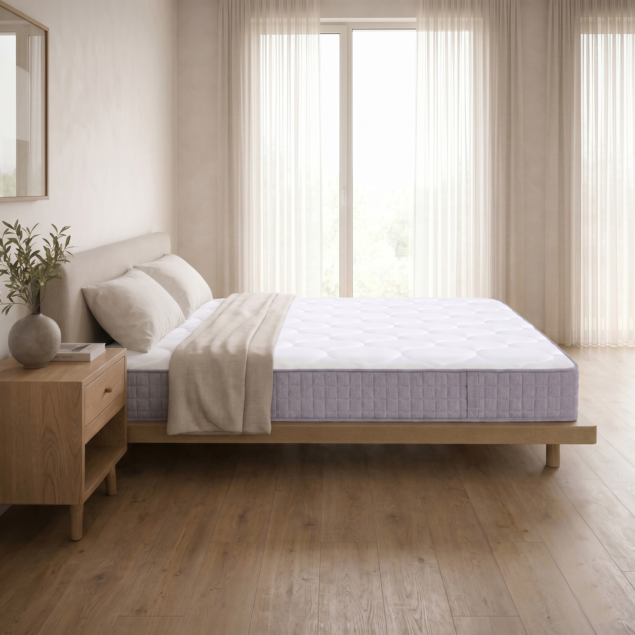 Ein modernes Schlafzimmer mit einem Bett, Nachttisch und Vorhängen.