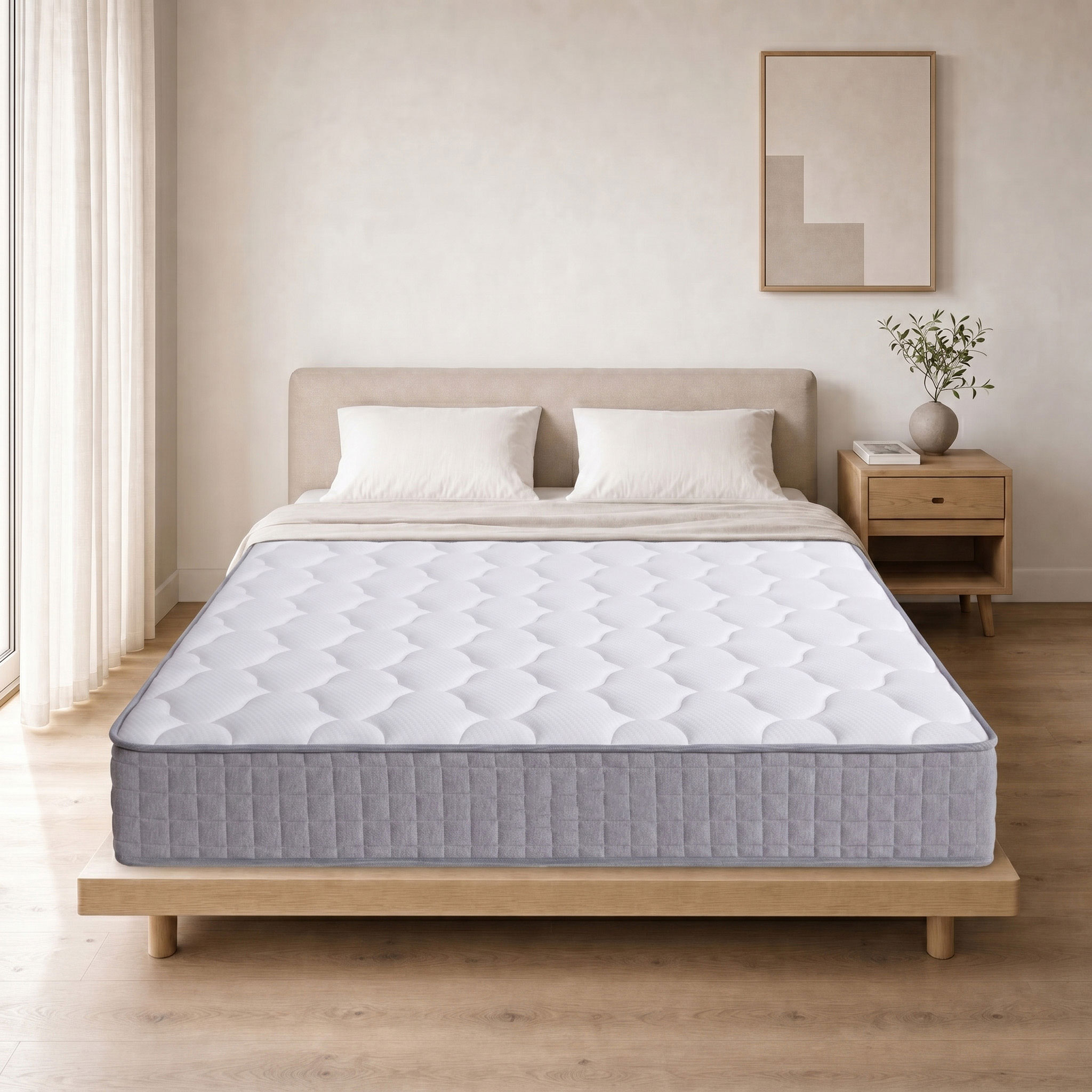Ein weißes Bett mit einer Matratze, zwei Kissen und einem Nachttisch.