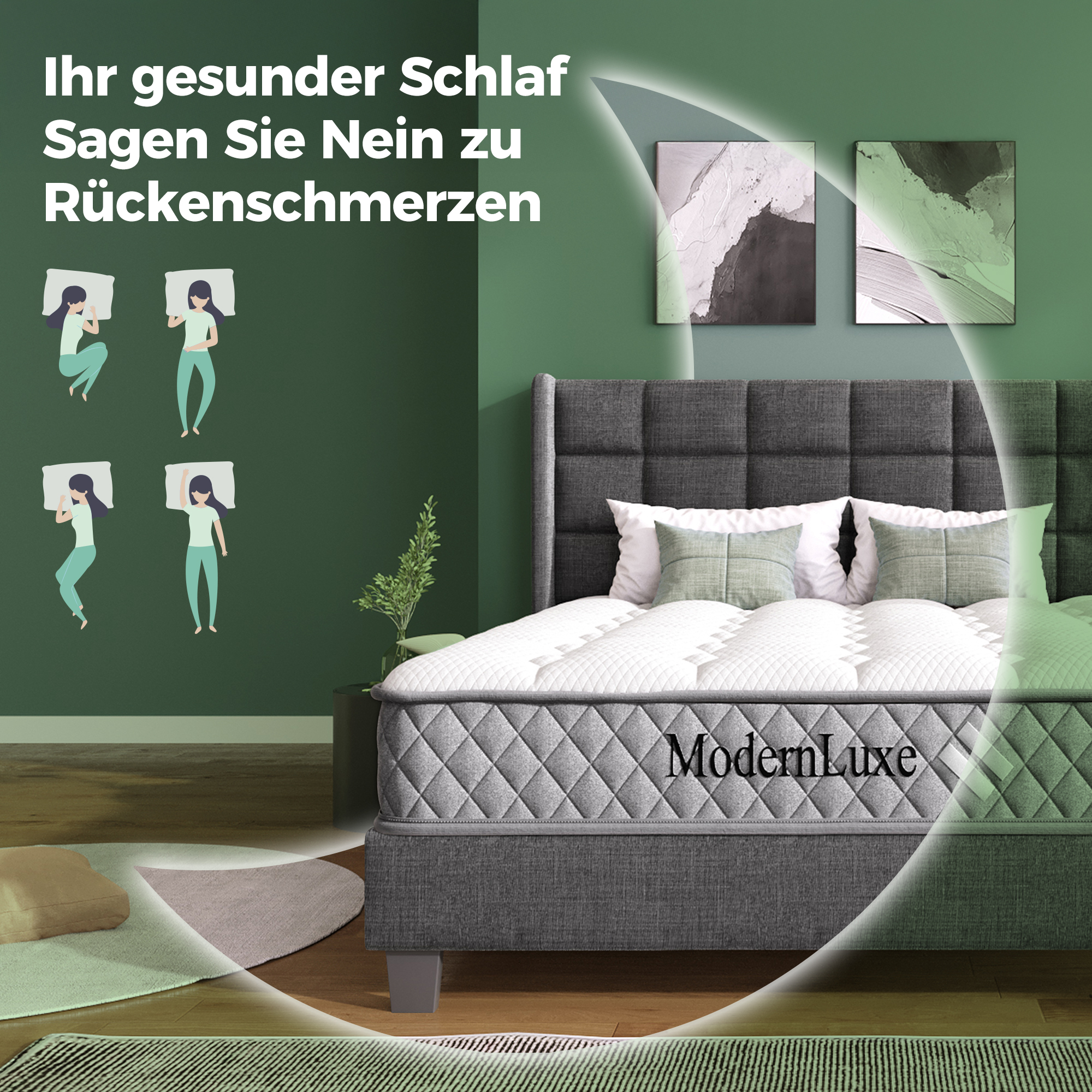 Ein Bett mit einer Matratze von ModernLuxe, daneben ein Nachttisch mit Pflanze.