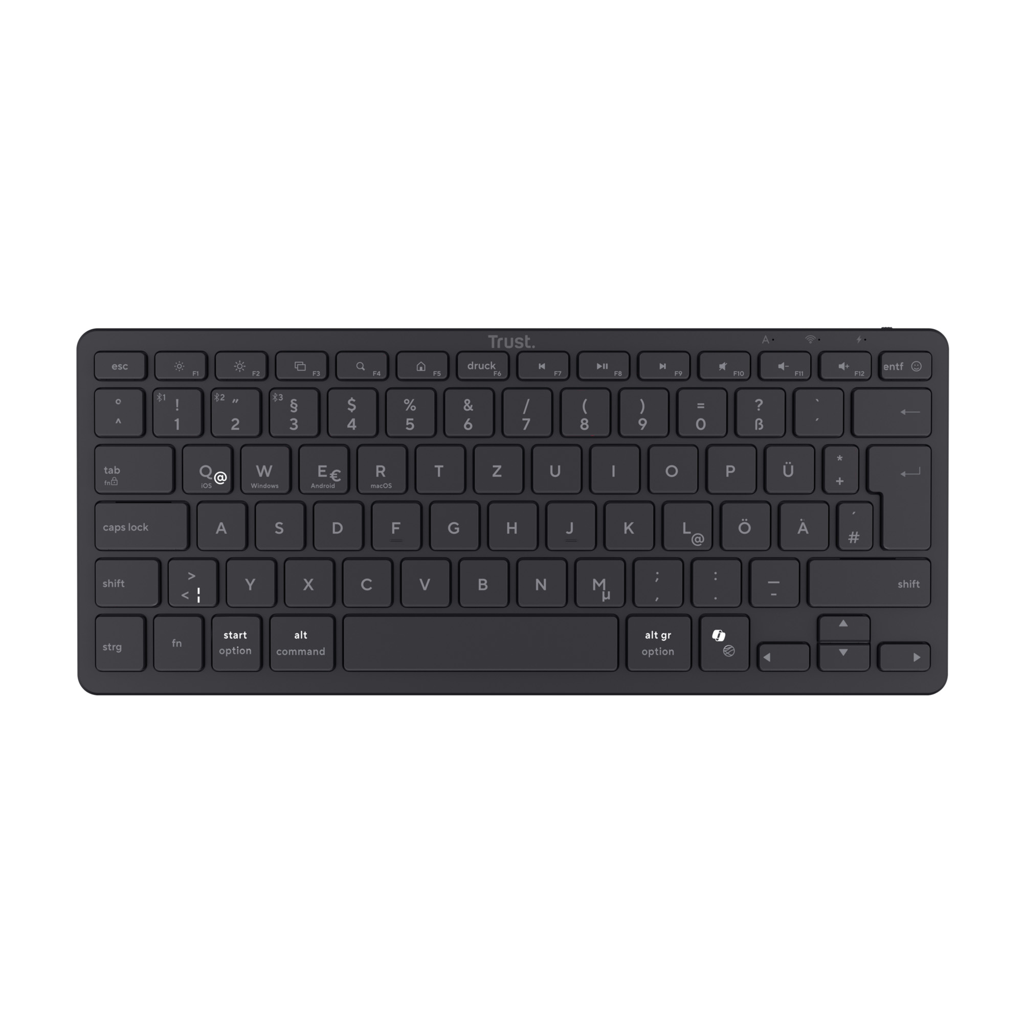 Eine schwarze, kompakte Tastatur mit deutschen Tastenbeschriftungen auf weißem Hintergrund.