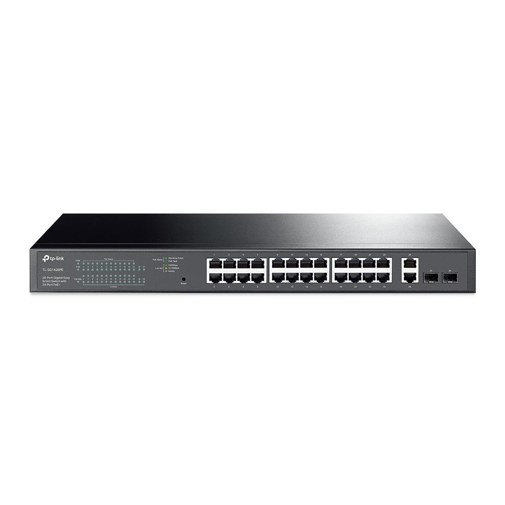 24 PoE bağlantı noktası ve 4 uplink bağlantı noktasına sahip siyah TP-Link ağ anahtarı.