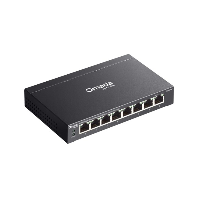 PoE özellikli siyah Omada TP-Link 8 portlu Gigabit yönetilebilir switch.