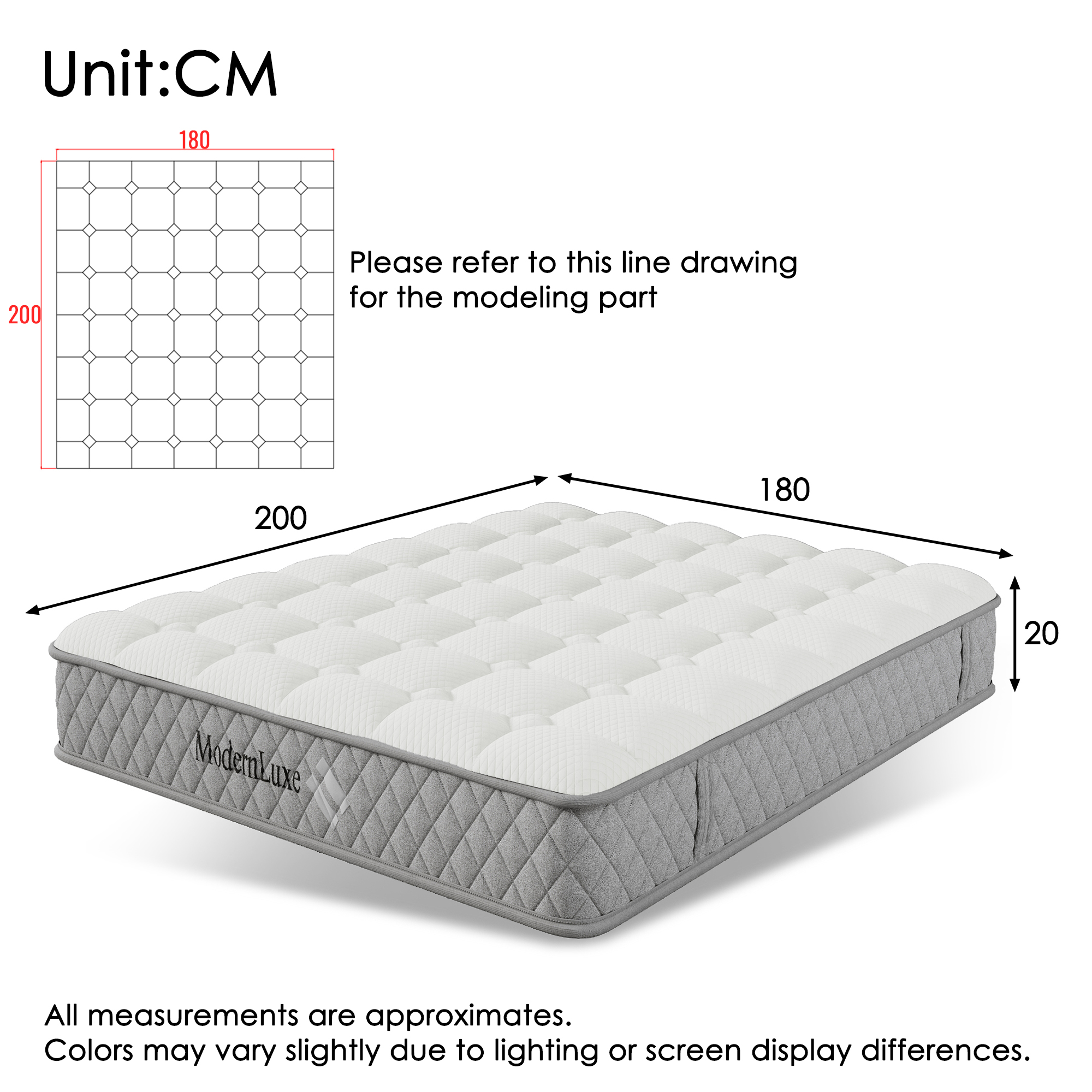 Ein weißes Bett mit grauen Seiten und der Aufschrift ModernLuxe.