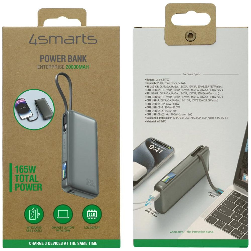 Scatola grigia power bank 4smarts con specifiche e due immagini.