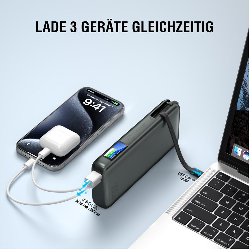 Uno smartphone, AirPods e laptop si caricano contemporaneamente.
