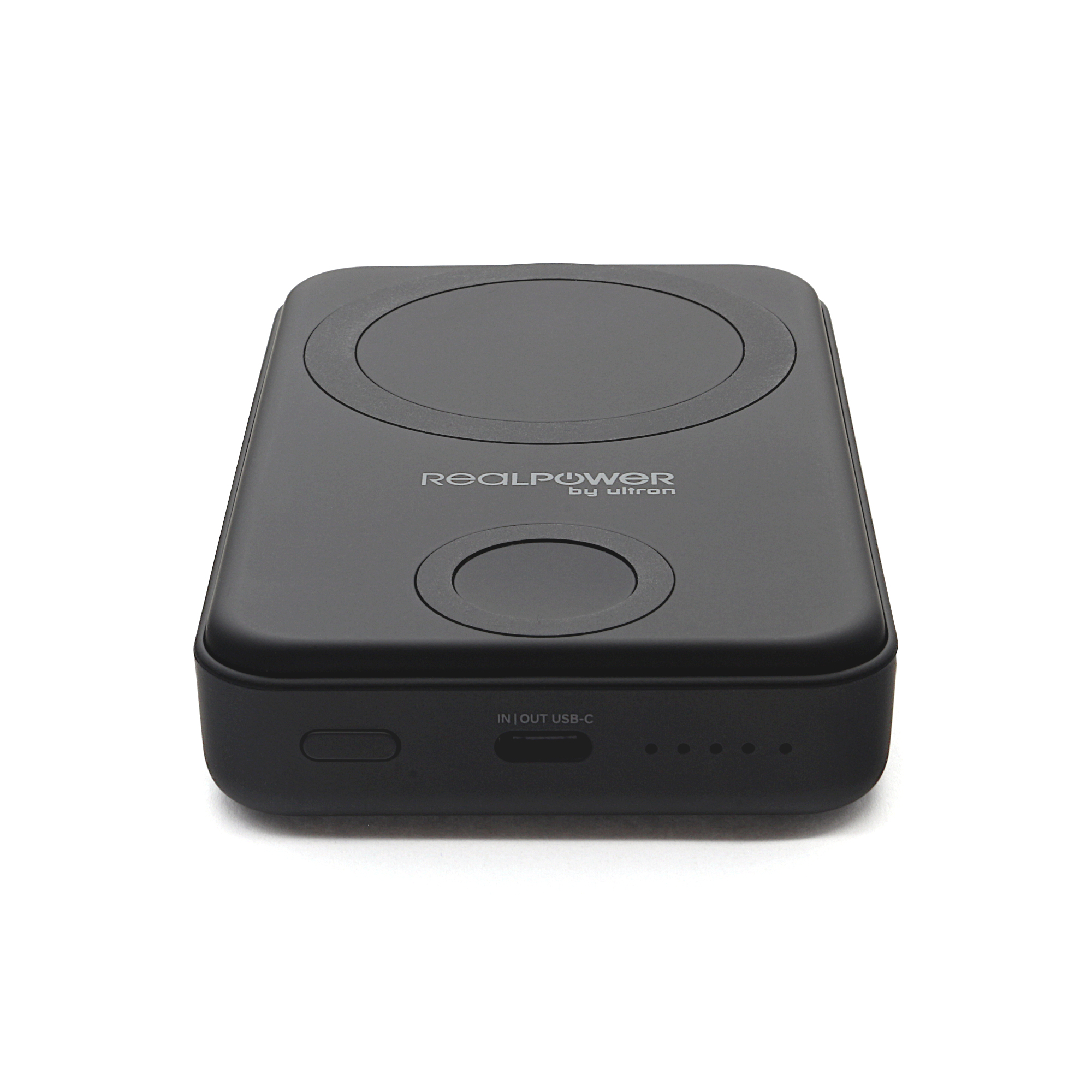 Power bank nera con due rientranze circolari e porta USB-C.