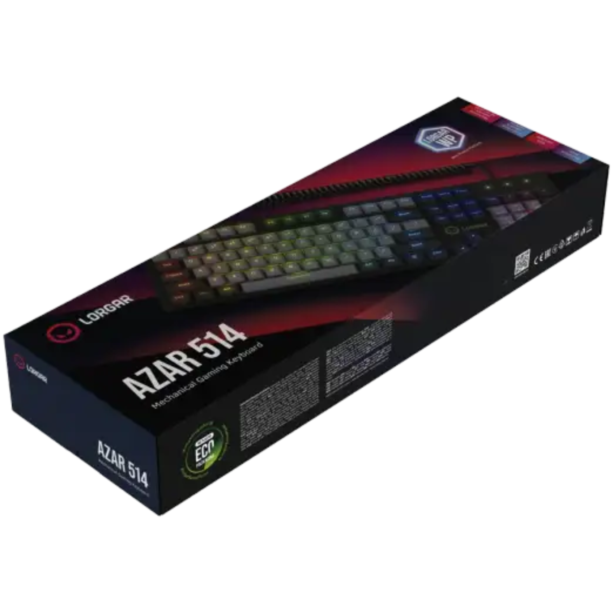 Pudełko mechanicznej klawiatury gamingowej Lorgar Azar 514 z podświetleniem RGB.