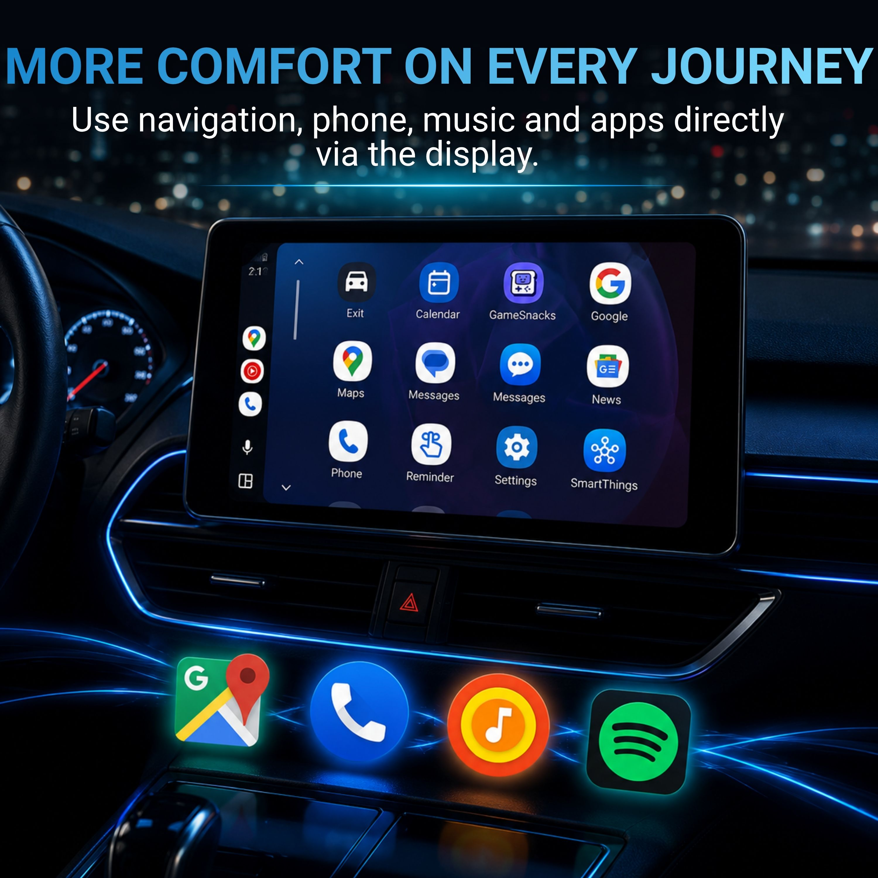 Uno schermo di infotainment per auto mostra icone di app come Google Maps, telefono e Spotify.