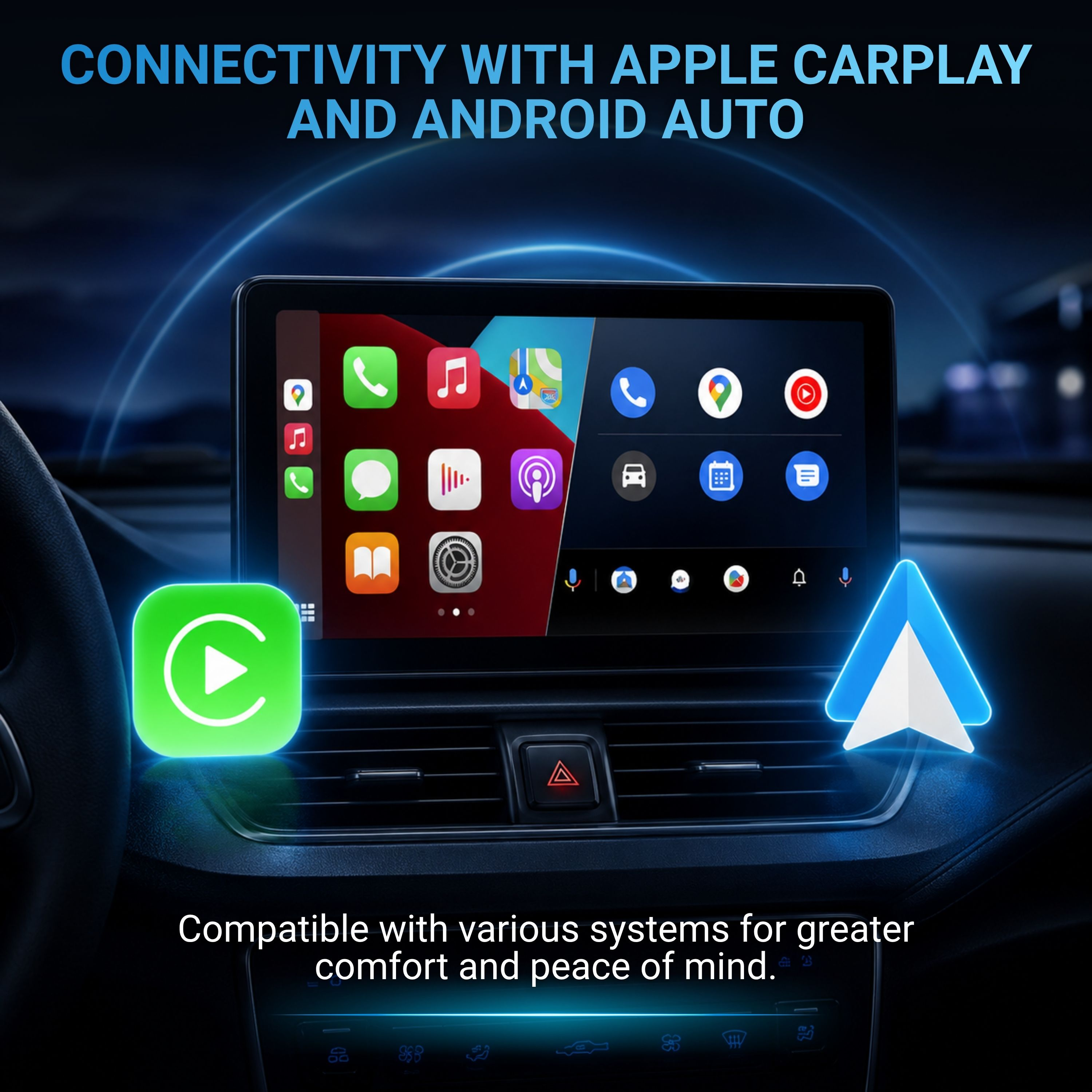 Schermo infotainment auto con icone Apple CarPlay e Android Auto.