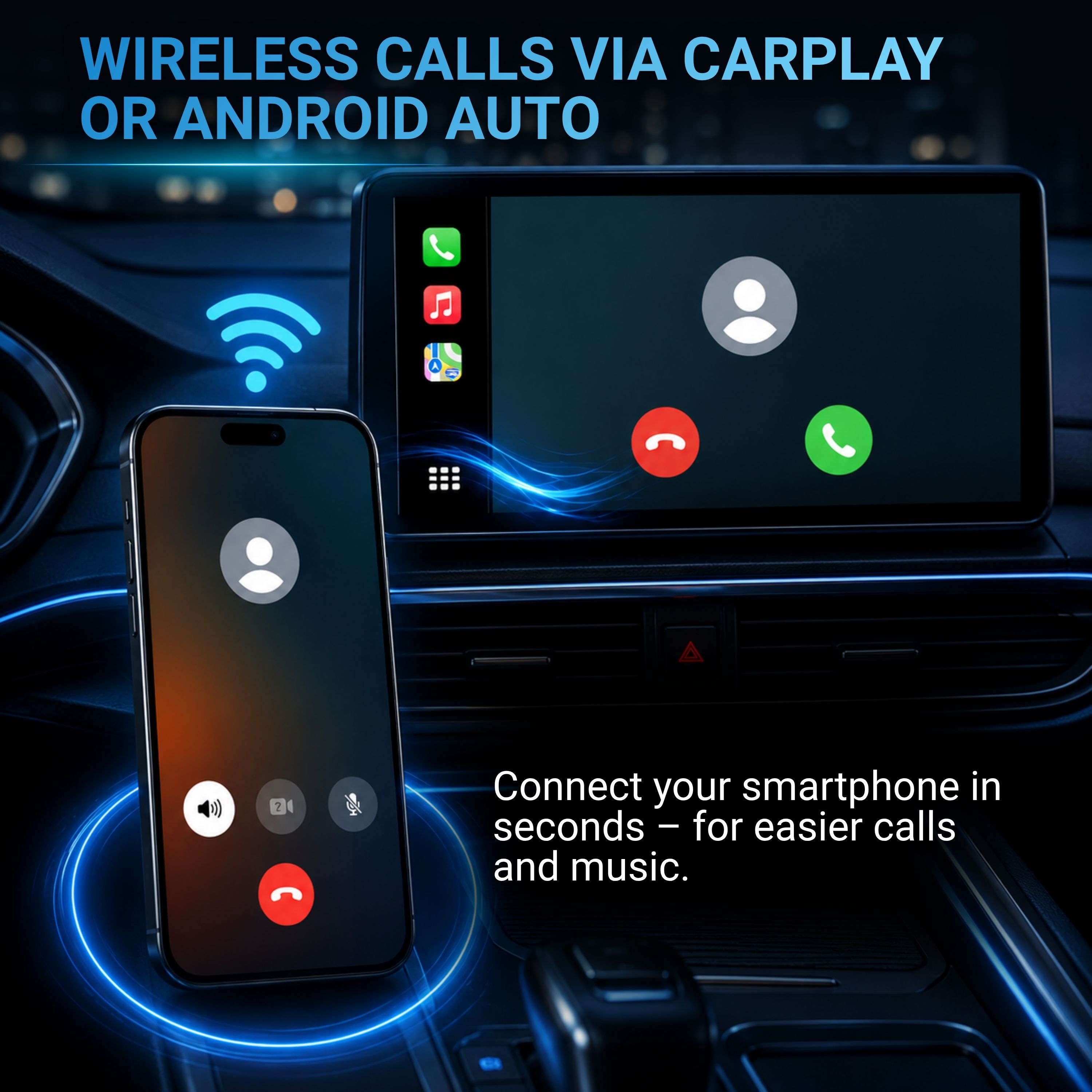Smartphone collegato al display dell'auto per chiamate e musica.